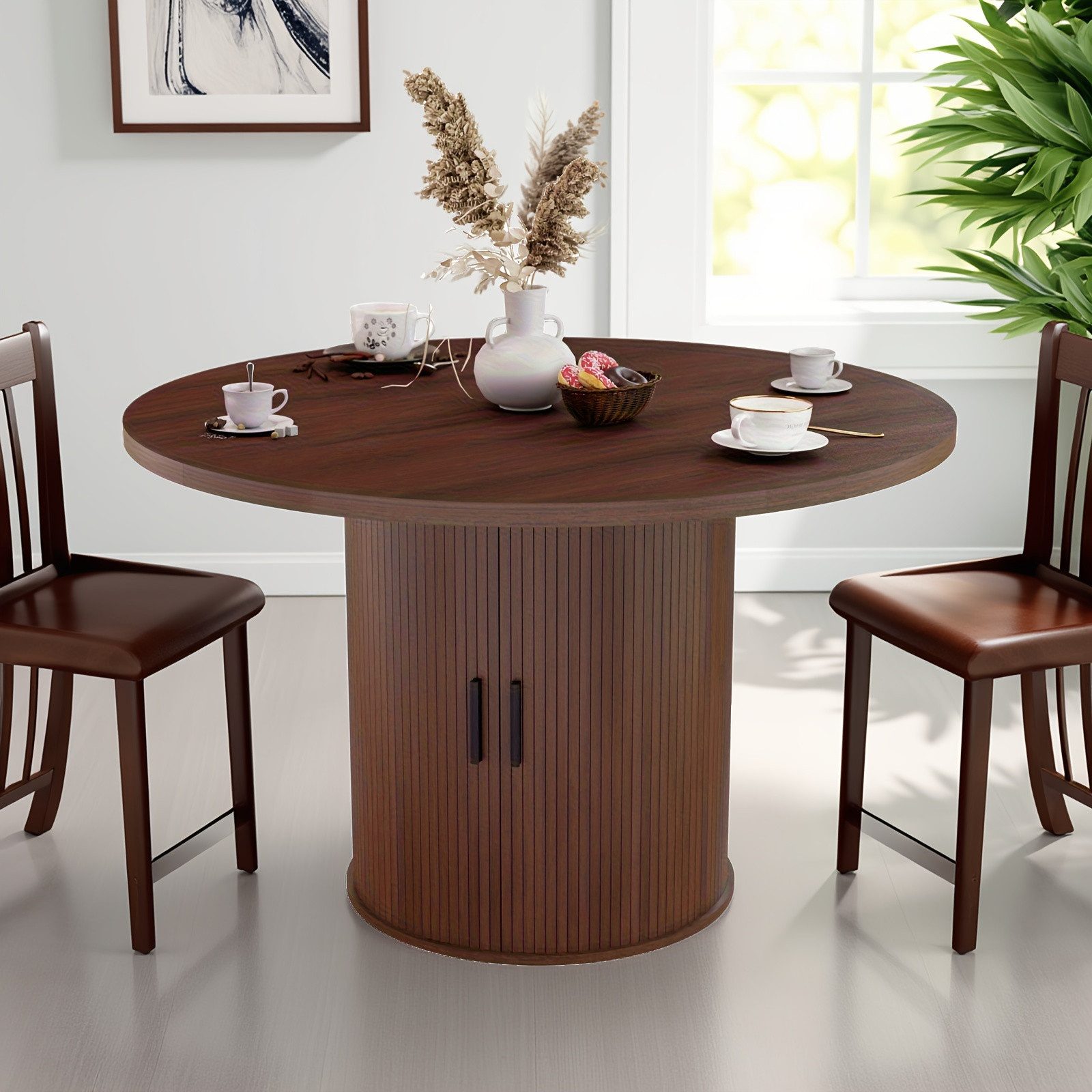 MECO Esstisch Küchentisch Esstisch Runder Ø120cm mit Schiebetüren und Stauraum (für 4 Personen), Bis 150kg, Stabil Esszimmertisch Holz für Esszimmer Wohnzimmer
