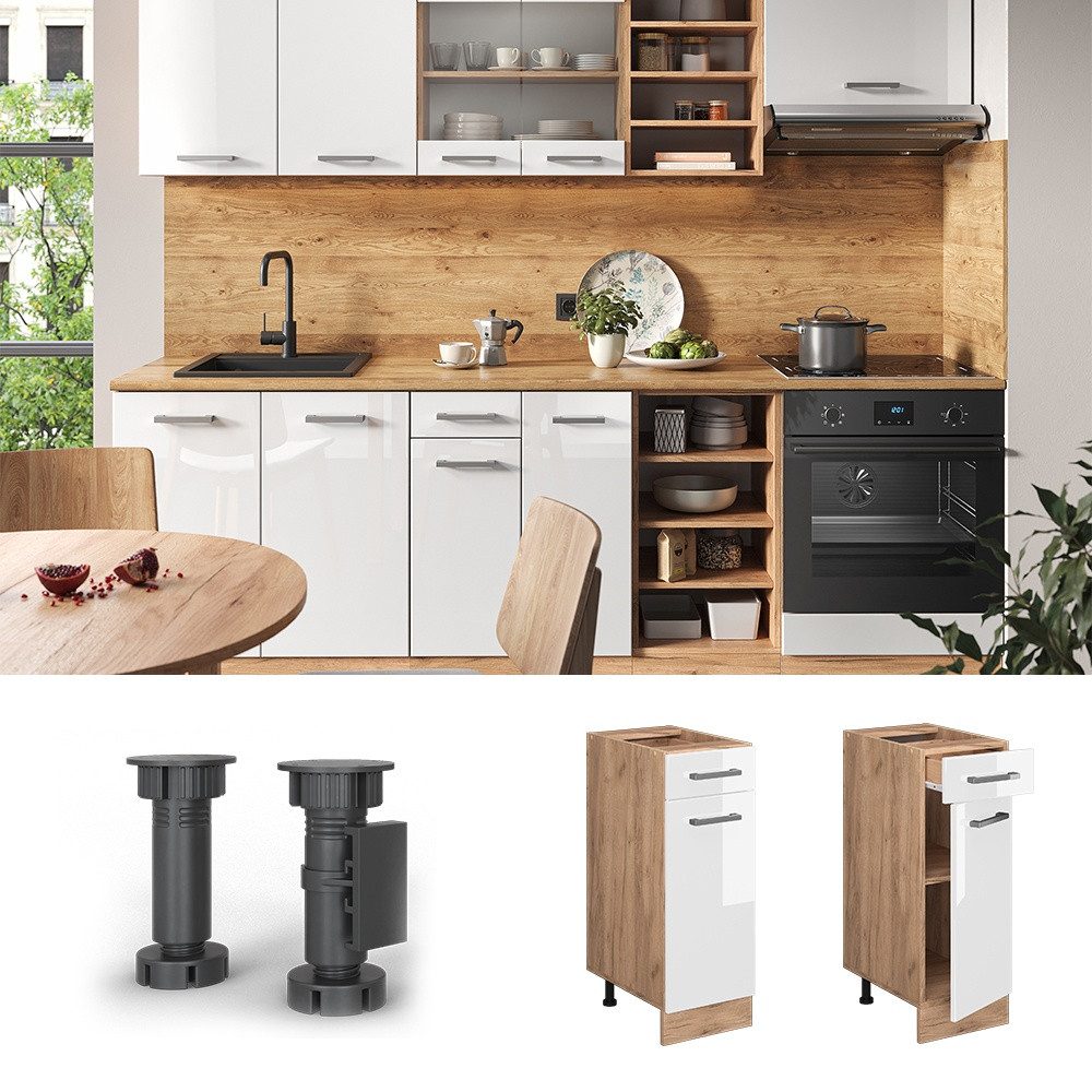 Vicco Unterschrank R-Line, Weiß Hochglanz/Goldkraft Eiche, 30 cm ohne Arbeitsplatte (1-St)