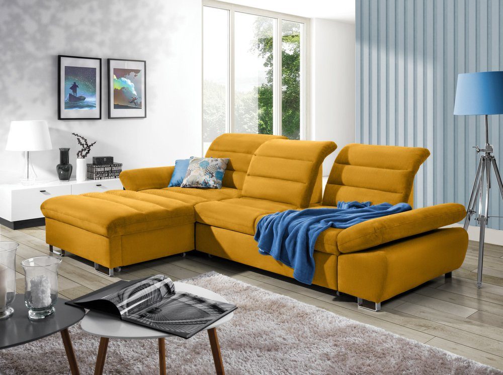 Stylefy Ecksofa Romola, L-Form, Eckcouch, mane links oder rechts bestellbar, mit Bettfunktion und Bettkasten, frei im Raum stellbar, Modern Design, inklusive Kopfteil-, Rückenteil- und Armlehnenverstellung, mit Relaxfunktion