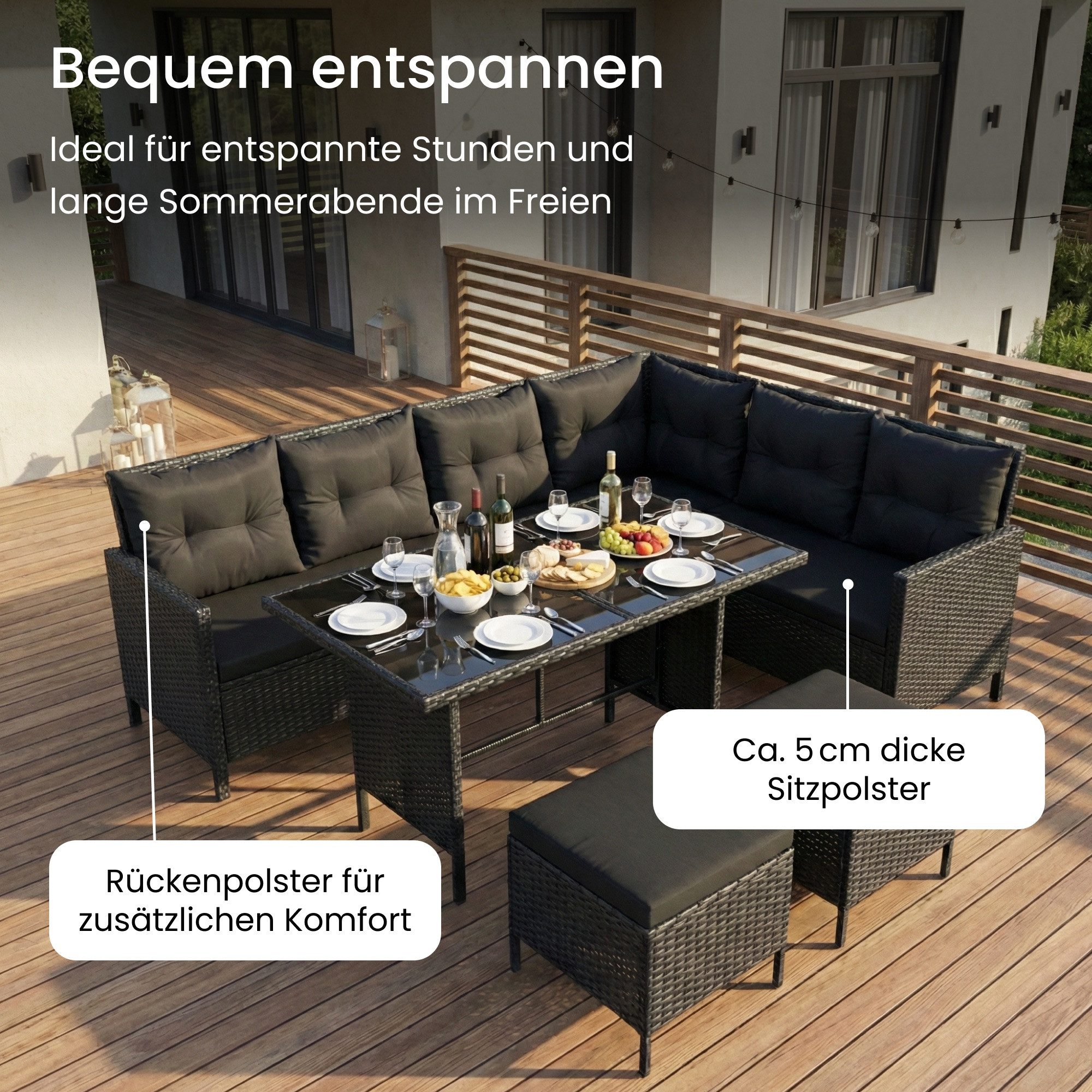 Home Collective Gartenlounge-Set 7-Sitzer mit Ecksofa Outdoor Möbel Gartenmöbel Polyrattan Outdoormöbel, (220x170x79 cm (BxTxH), gemütliche Polster in schwarz oder beige), inkl. Esstisch mit gehärteter Glasplatte und zwei Hocker, schwarz