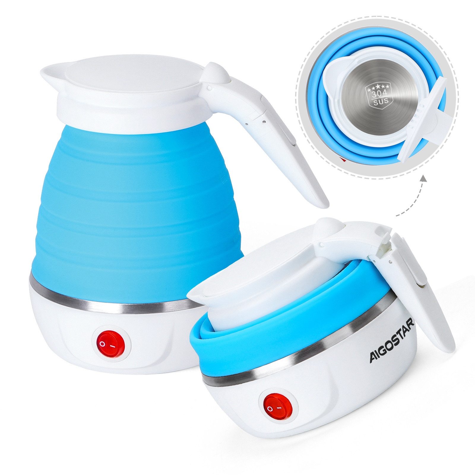 Aigostar Reise-Wasserkocher Mini Faltbarer Wasserkocher Klein, Tragbarer Reisewasserkocher, 1000,00 W, Faltbar, Automatische Erhitzung, Doppelte Schutzfunktion