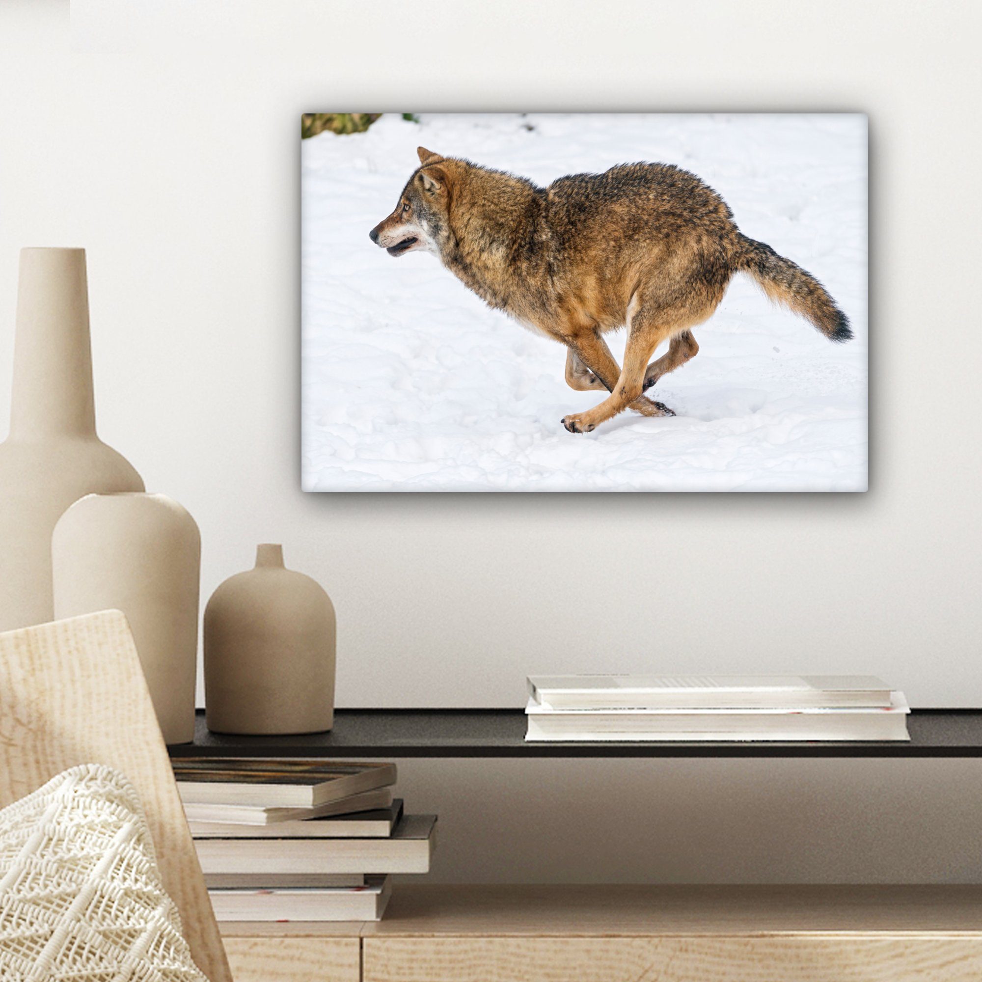 OneMillionCanvasses® Wanddeko, - Aufhängefertig, Schnee (1 Leinwandbilder, Wolf Wandbild Kälte, - 30x20 St), cm Leinwandbild
