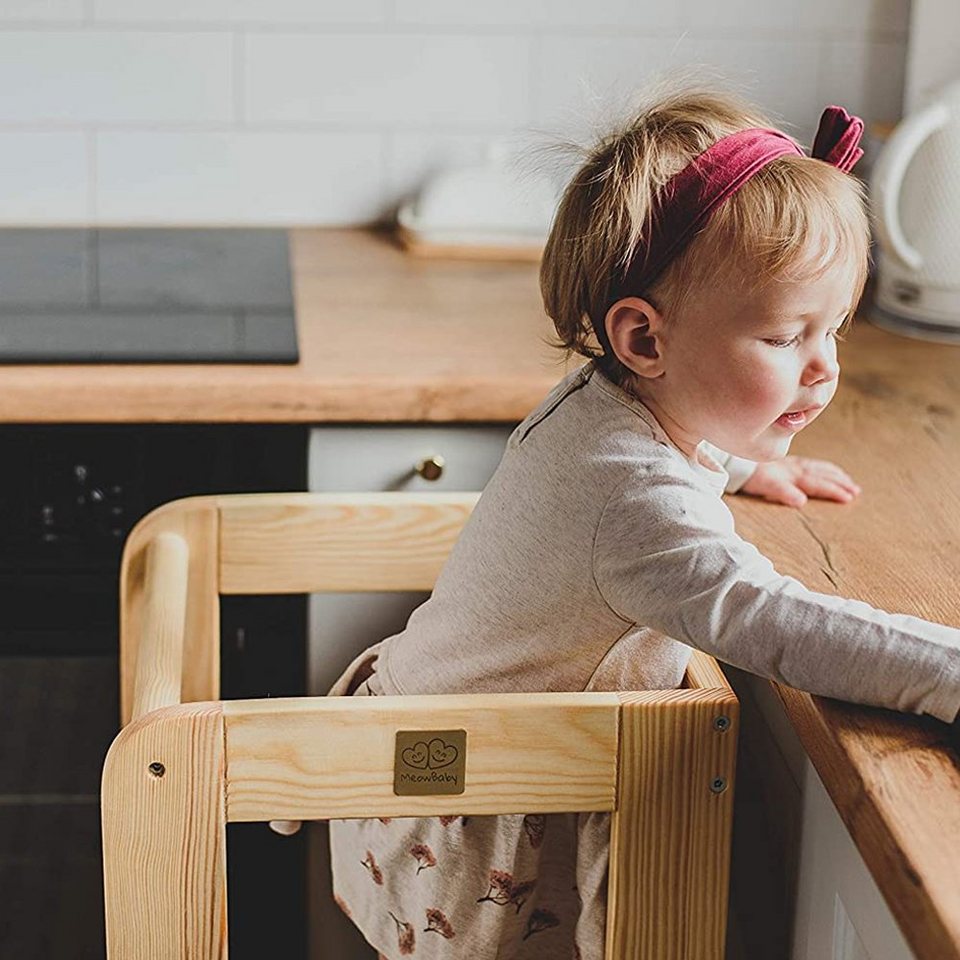 MeowBaby Stehhilfe Lernturm für Kinder Montessori Lernstuhl Natur (1 St),  Kinderhocker, Höhenverstellbar, Abgerundete Ecken & Kanten