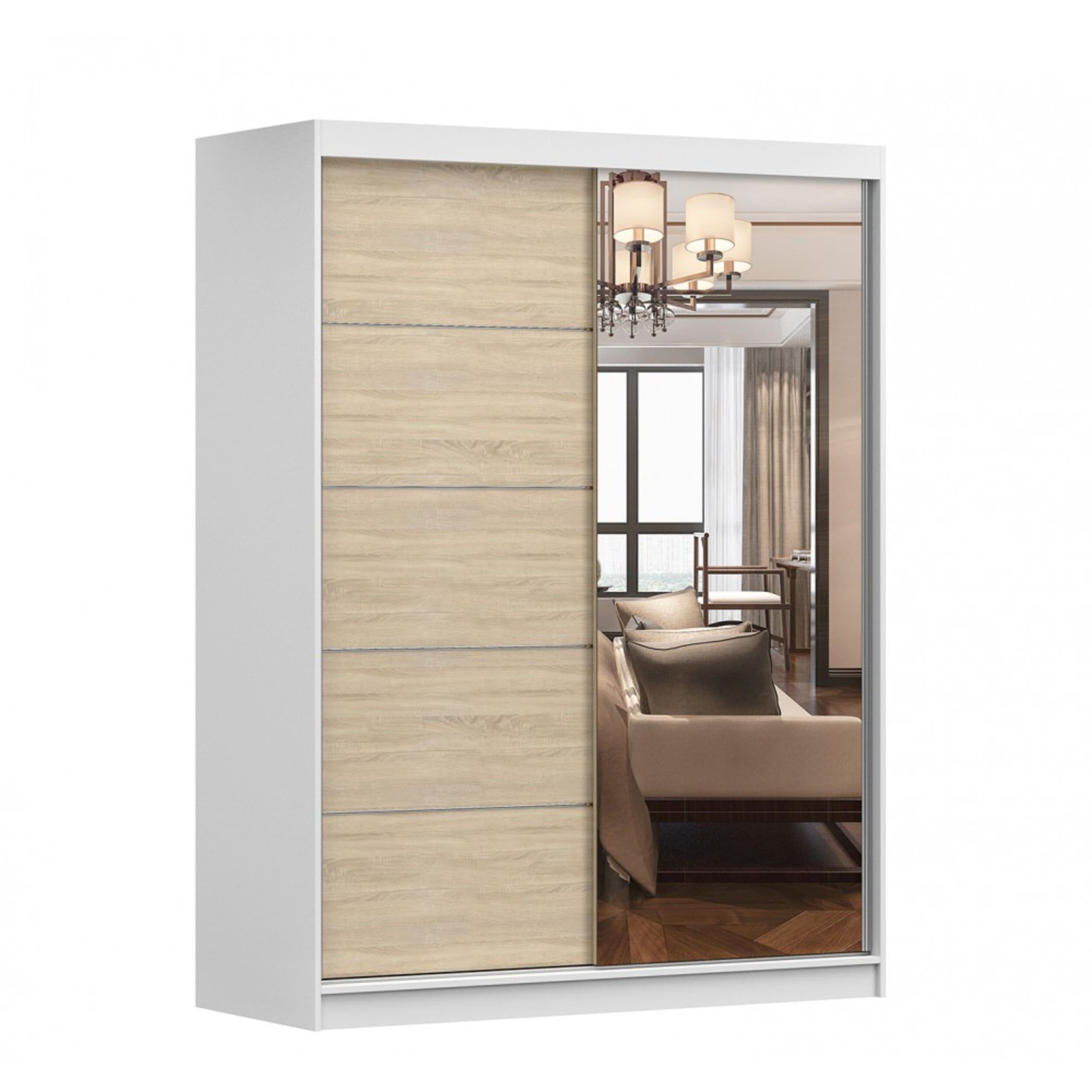 MOEBLO Kleiderschrank LARA 05 (mit Spiegel Schwebetürenschrank 2-türig Schrank mit vielen Einlegeböden und Kleiderstange, Gaderobe Schiebtüren Schlafzimmer-Wohnzimmerschrank Modern Design), (BxHxT): 150x200x61 cm Sonoma | Weiß