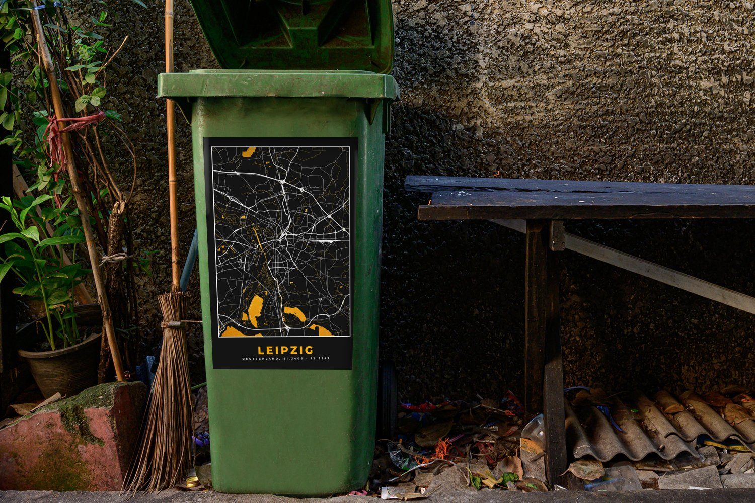 MuchoWow Wandsticker Abfalbehälter (1 Container, - Gold Deutschland Mülltonne, St), Karte Leipzig - - - Sticker, Stadtplan Mülleimer-aufkleber
