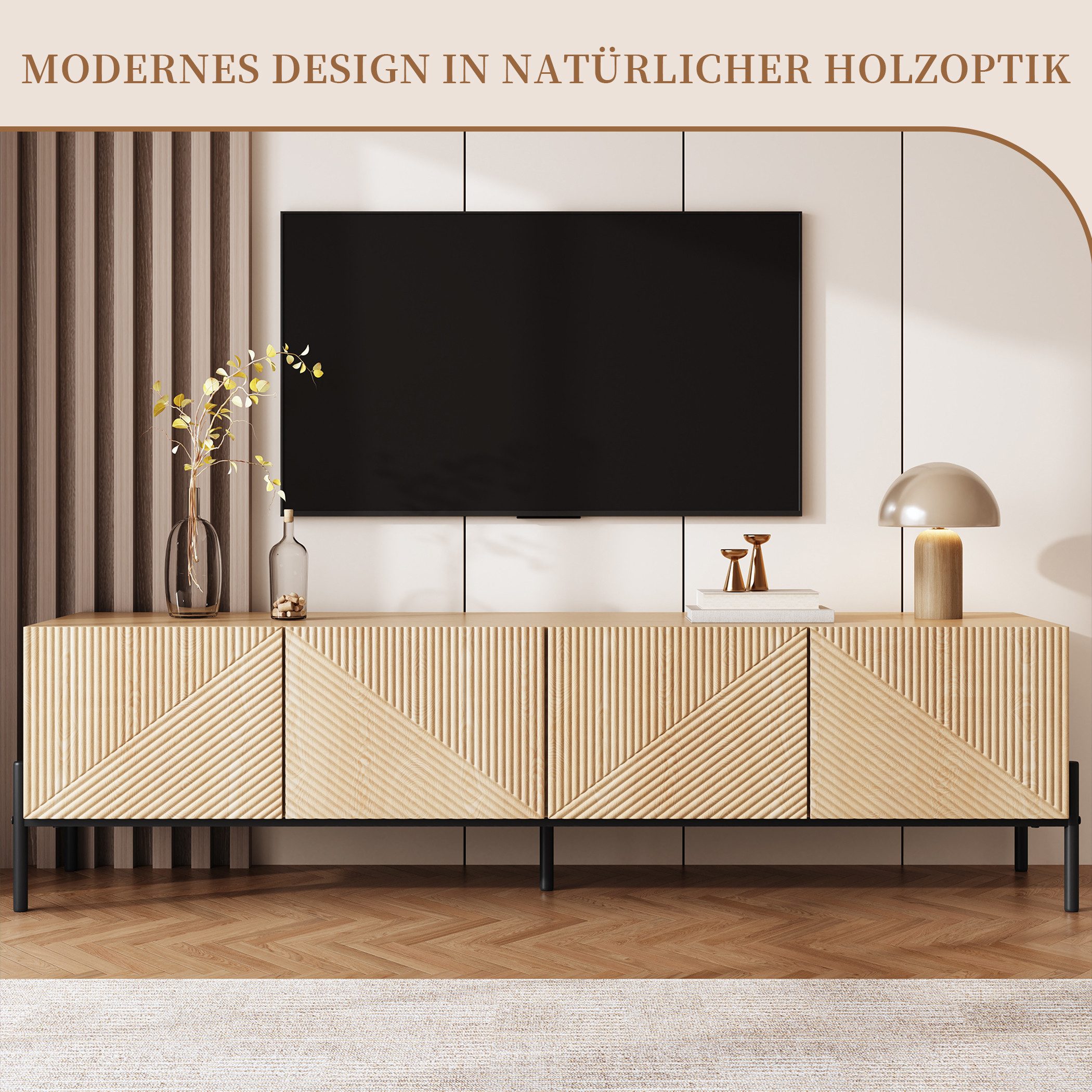 SeedWave Lowboard TV-Schrank in Holzoptik, mit 4 Grifflosen Türen, Stauraum, Eisenbeinen, 163cm Fernsehschrank mit Kabeldurchführung – Bild 2 von 5