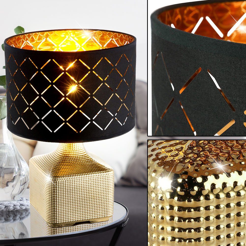 etc-shop Tischleuchte, Leuchtmittel nicht inklusive, Keramik Tisch Lampe rund goldfarben schwarz Lese Licht Textil