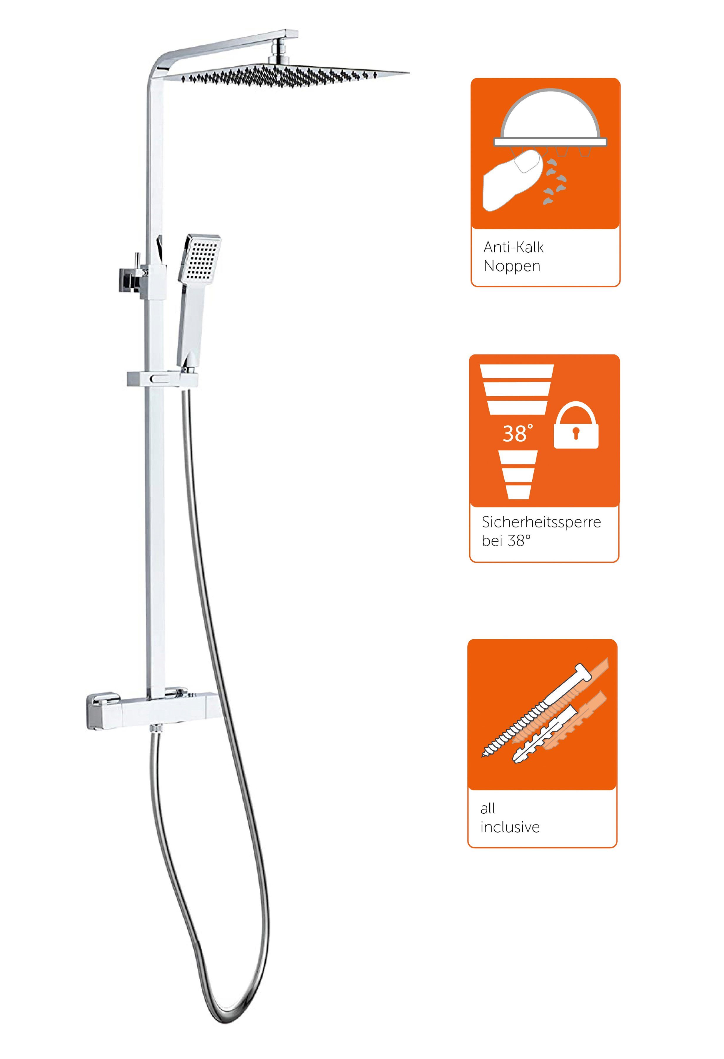 Eisl Duschsystem CALVINO, Höhe mit Duschsystem und Duschkopf Halterung,Chrom 120 cm, Thermostat, Schlauch mit