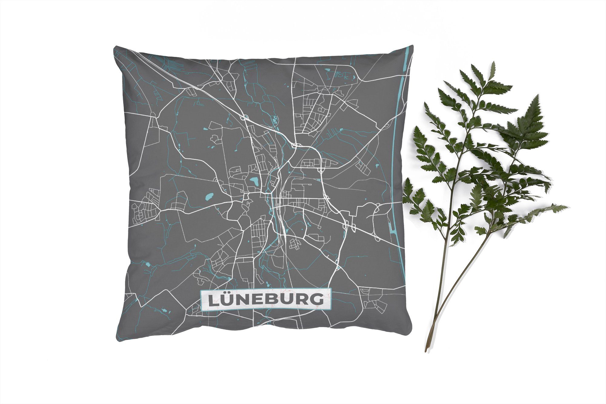 MuchoWow Dekokissen Stadtplan - Lüneburg - Deutschland - Karte, Zierkissen mit Füllung für Wohzimmer, Schlafzimmer, Deko, Sofakissen
