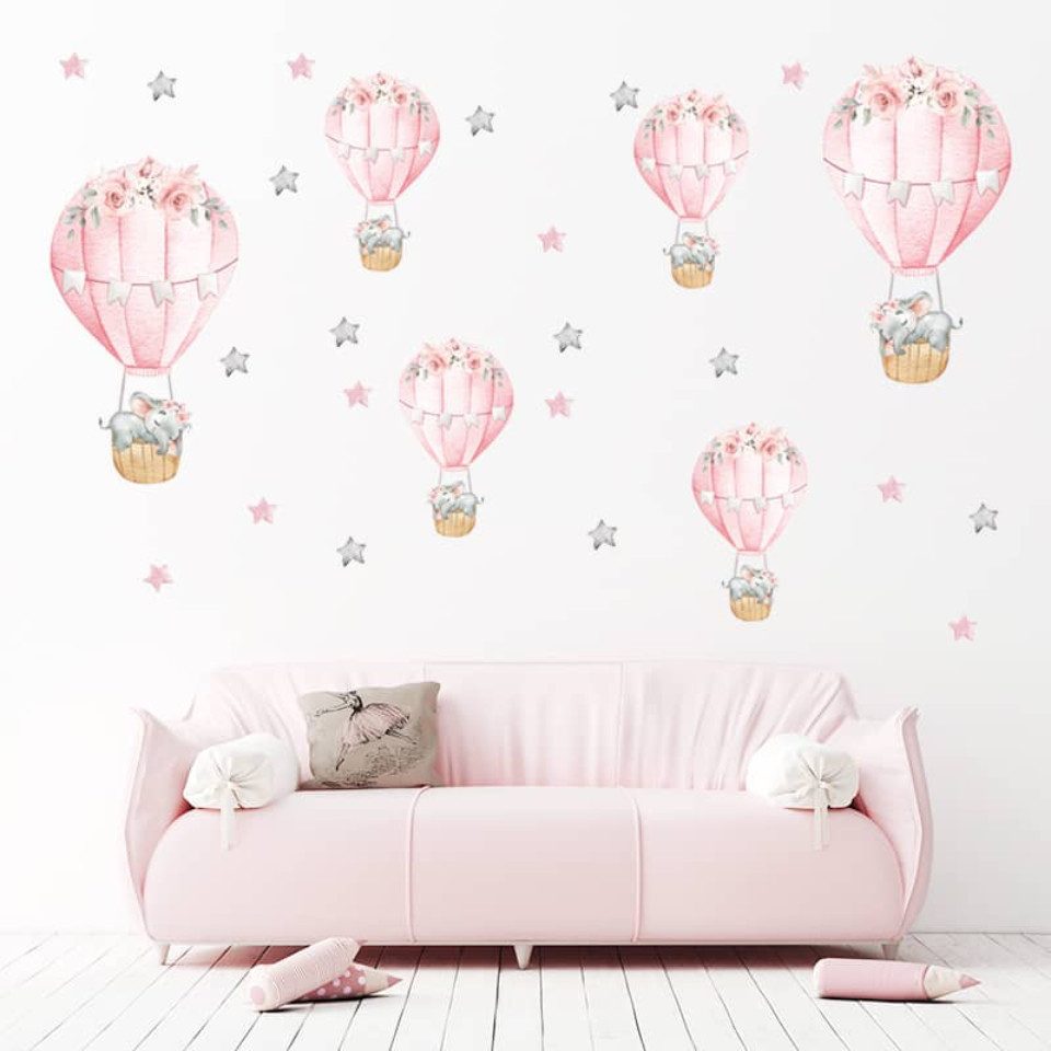 Montegoni Wandsticker 30 x 90 cm Rosa schlafender Babyelefant mit Heißluftballon, Abziehbare Wandsticker mit süßem Design, leicht anzubringen – Bild 3 von 4