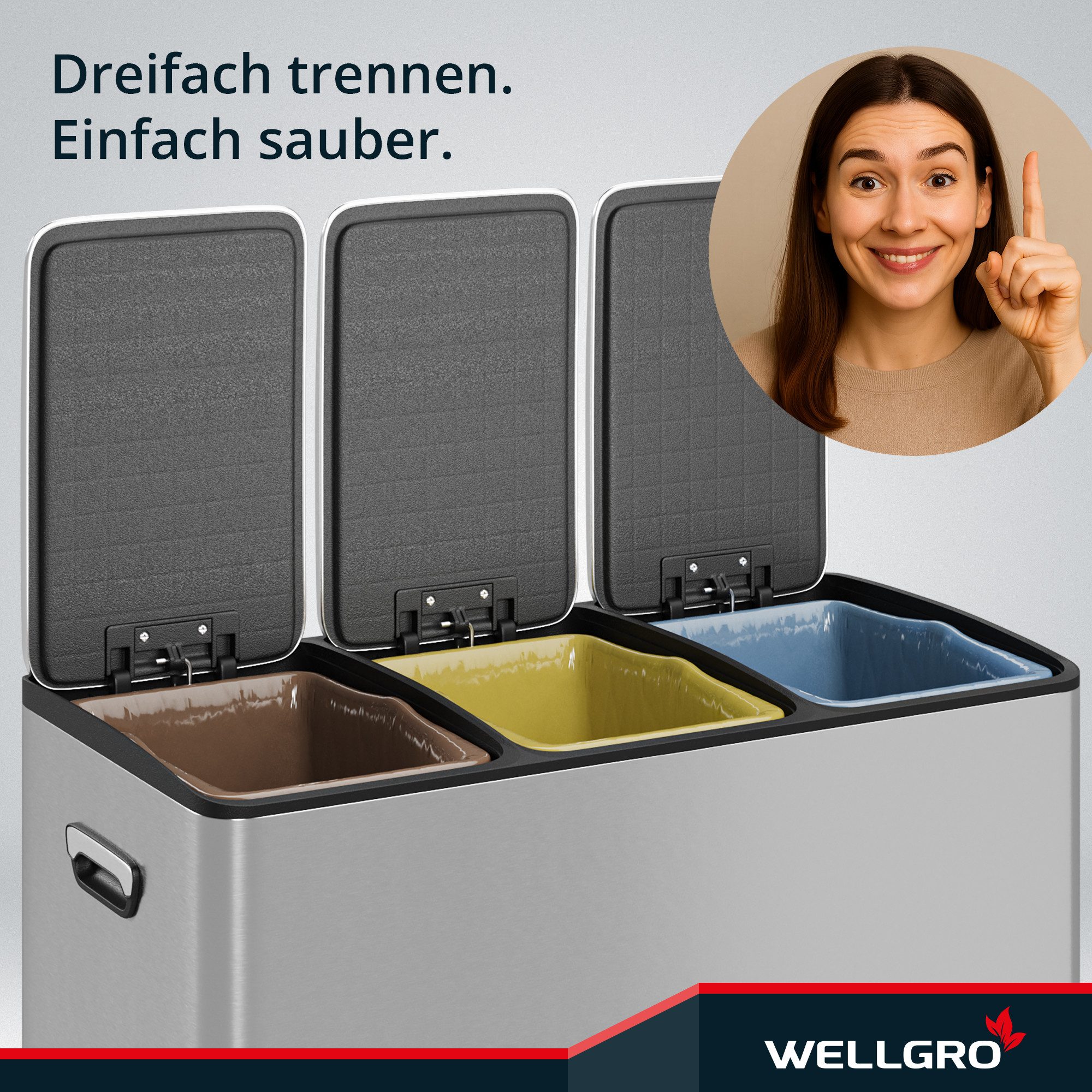 Wellgro Mülleimer Treteimer 3x15L – Edelstahl mit Softclose & Pedal