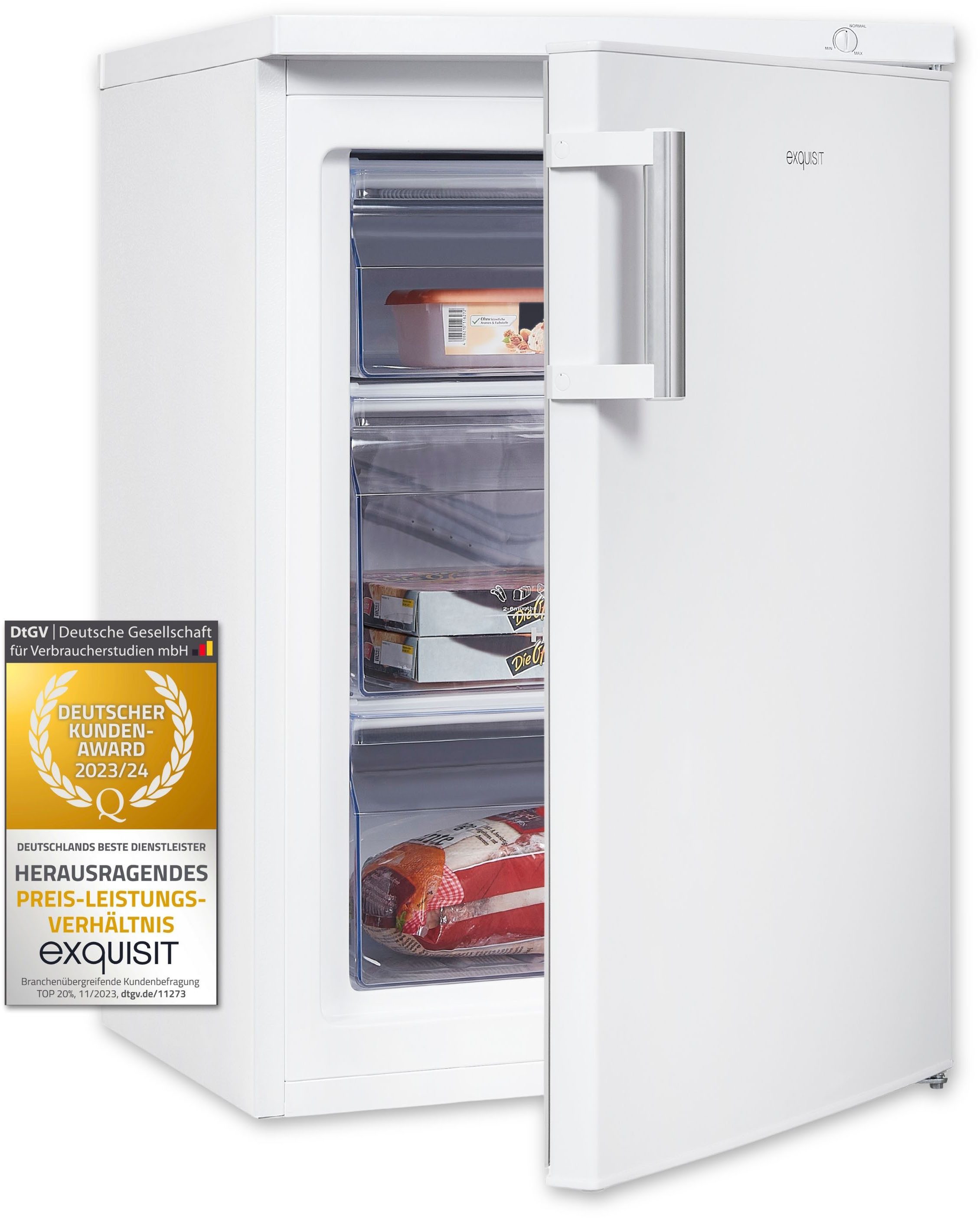 exquisit Gefrierschrank GS81-H-010D weiss, 85 cm hoch, 56 cm breit, 4*-Gefrierschrank mit praktischem Griff – leicht & bequem zu öffnen