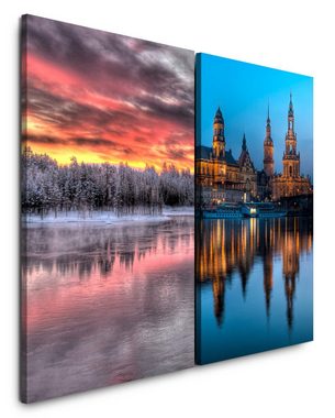 Sinus Art Leinwandbild 2 Bilder je 60x90cm Finnland Winter Dresden Hofkirche Kathedrale Deutschland Elbe