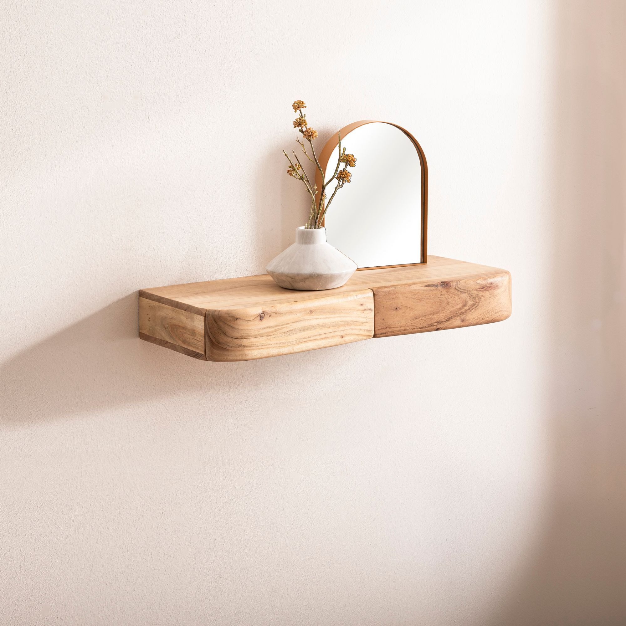 FINEBUY Wandregal FB74736 Schweberegal Akazie Massivholz 60cm Regal Wandboard Schubladen, Massivholz Wandregal mit Schubladen, Praktische Ablage für moderne Wohnräume