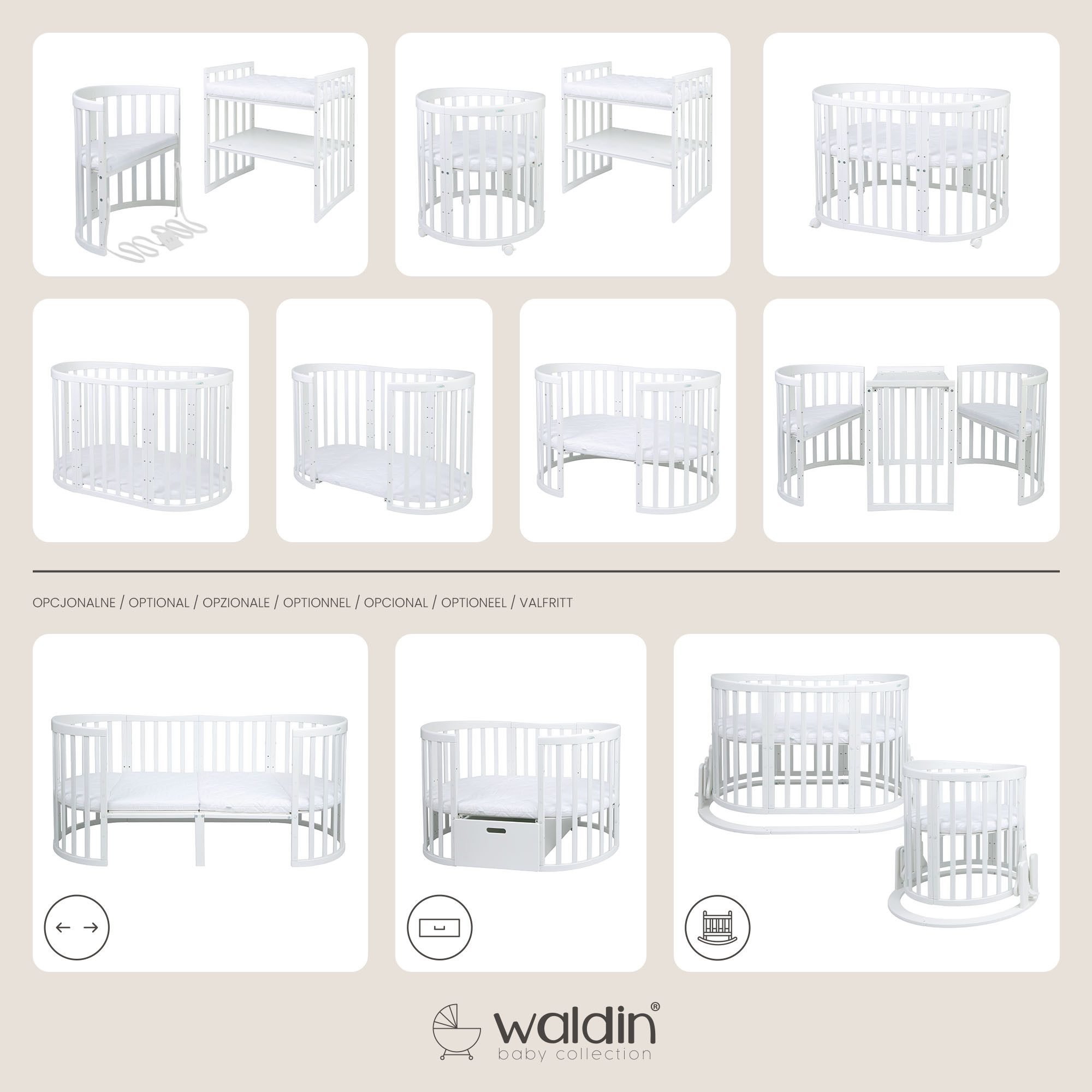 Waldin Babybett Mobiles Babybett OWAL aus Holz 7in1 mit Matratze, mitwachsend
