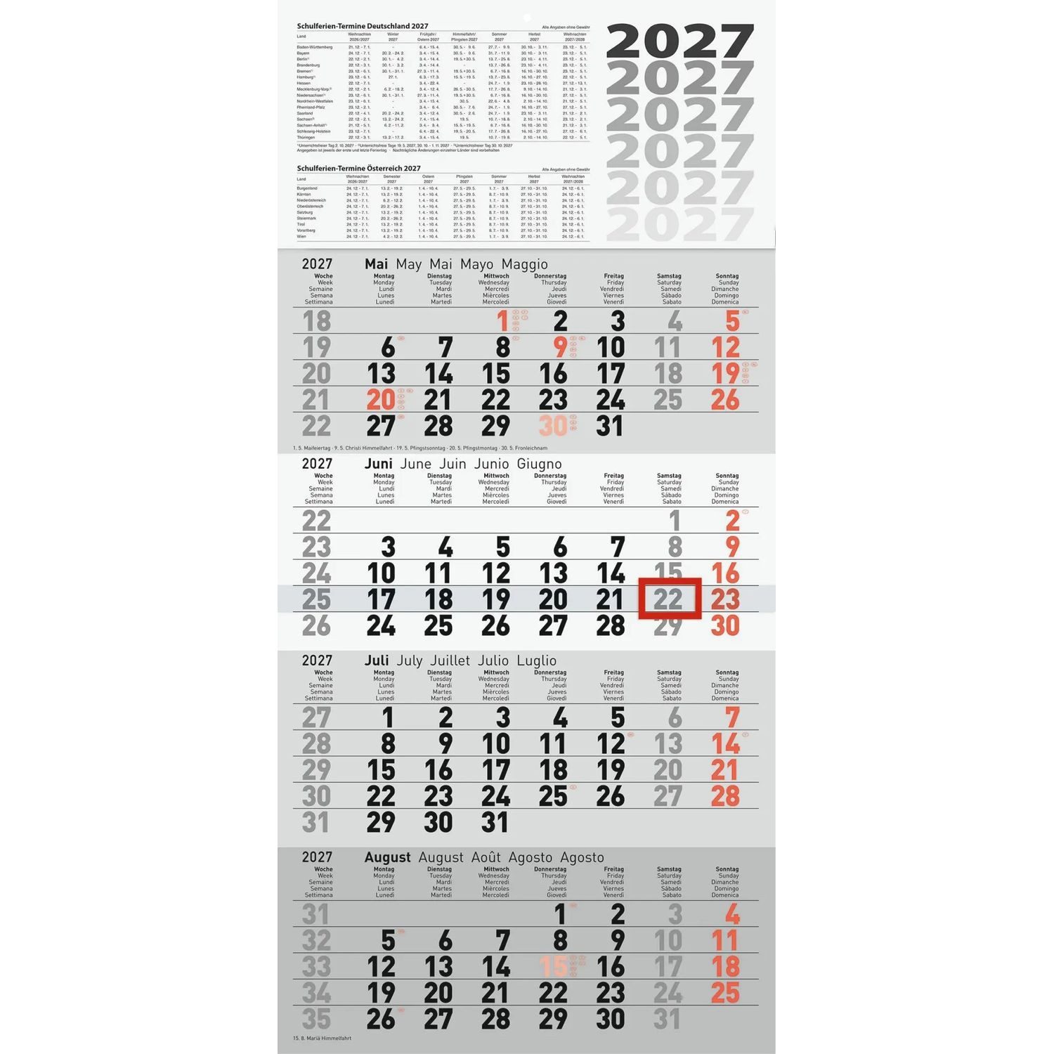 Monatskalender rido/idé 7033420007 4-Monatskalender 2027 grau, 300×630 mm