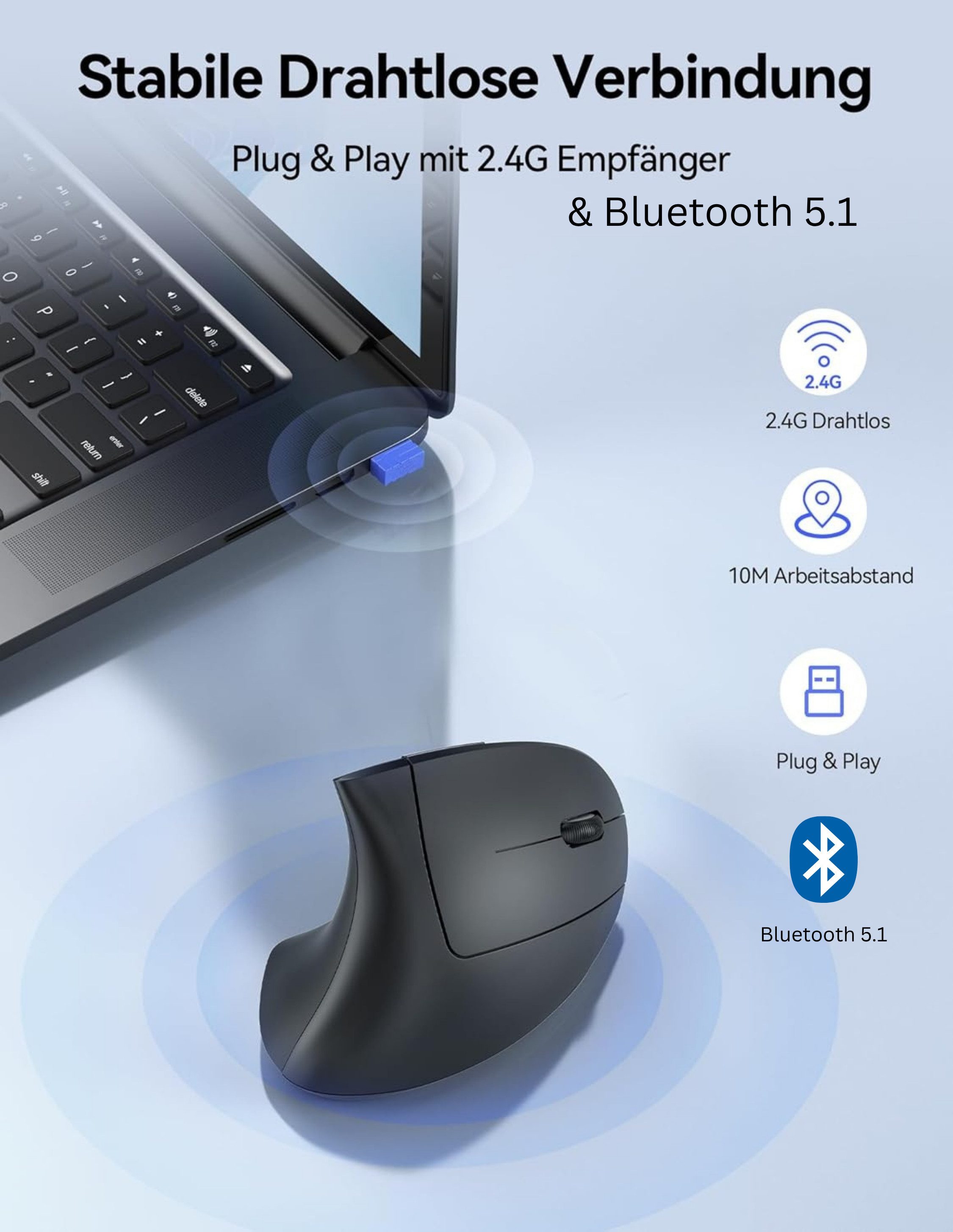 RUHE Ergonomische Maus Kabellose Bluetooth Vertikale Maus Optisch Leise RGB ergonomische Maus (Bluetooth, Funk, kabelgebunden, 2.5G, USB-Dongel, Kabelgebundenes – Bild 4 von 5