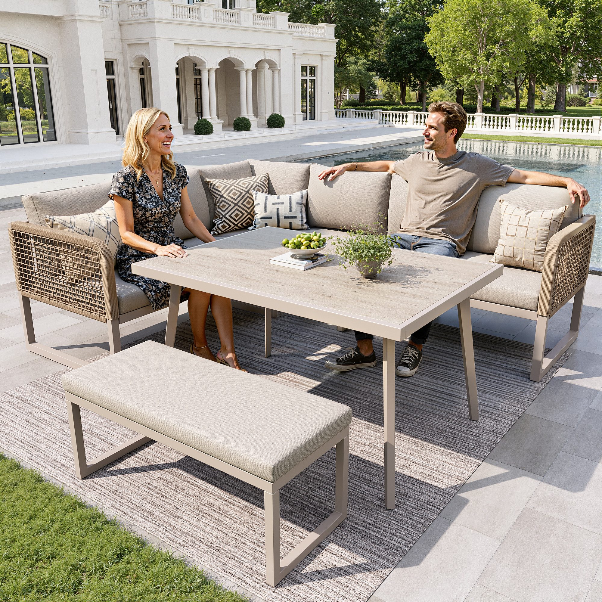 i@home Gartenlounge-Set Wetterfestes Terrassen Sofa Set,Gartenmöbel Set für 6–8 Personen, (5-tlg., Modulares PE-Rattan Lounge-Set mit Hochwertigen Sitzkissen & Tisch), Ideal für Garten, Balkon & Poolbereich