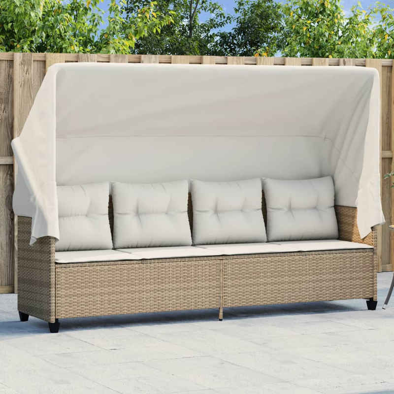 vidaXL Gartenliege Sonnenliege mit Dach und Kissen Beige Poly Rattan, 1 St.