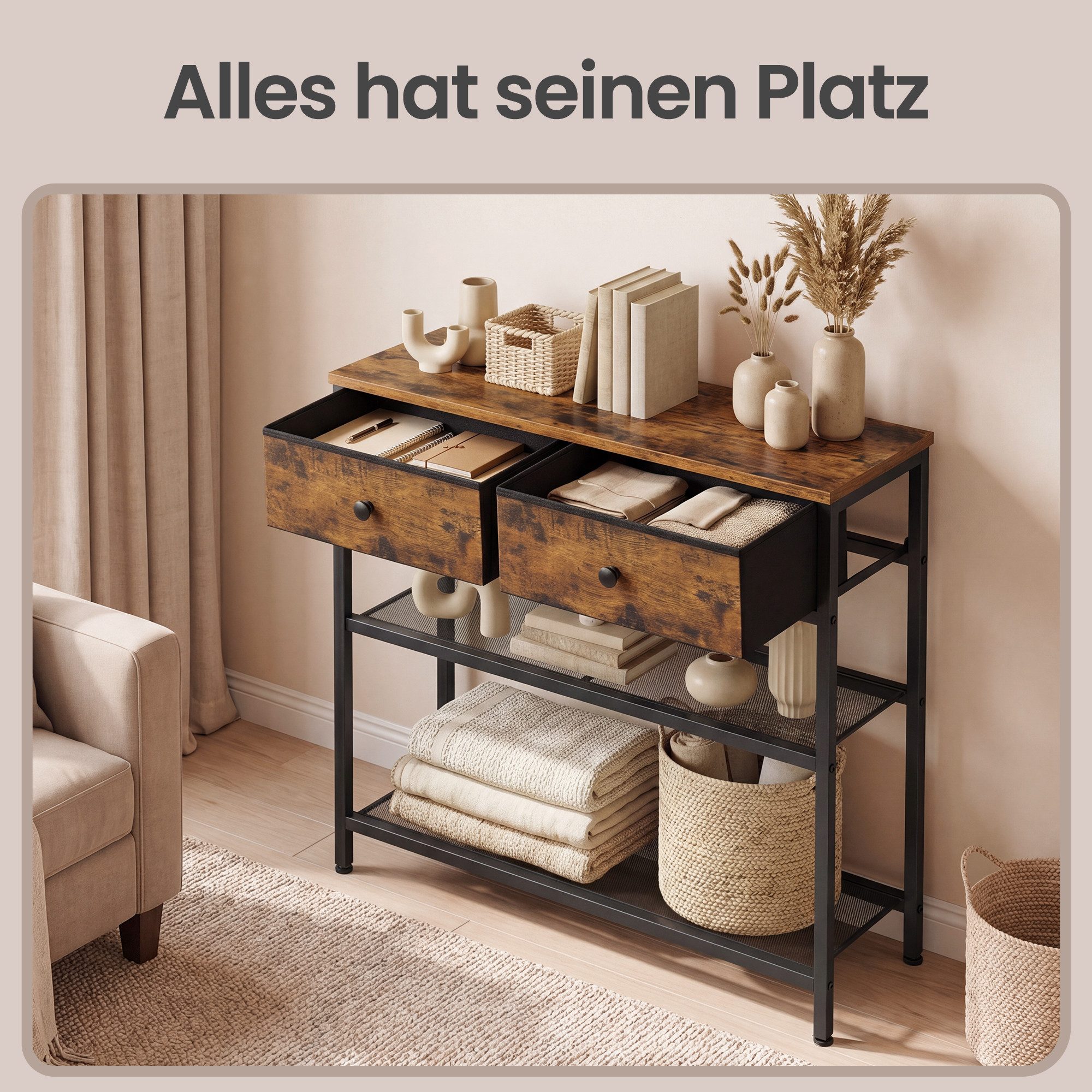 SONGMICS Konsolentisch Flurtisch mit 2/3 Stoffschubladen und 2 Gitterablagen, 76,7 x 30 x 78,7 cm, für Wohnzimmer und Eingangsbereich, Beistelltisch – Bild 4 von 5