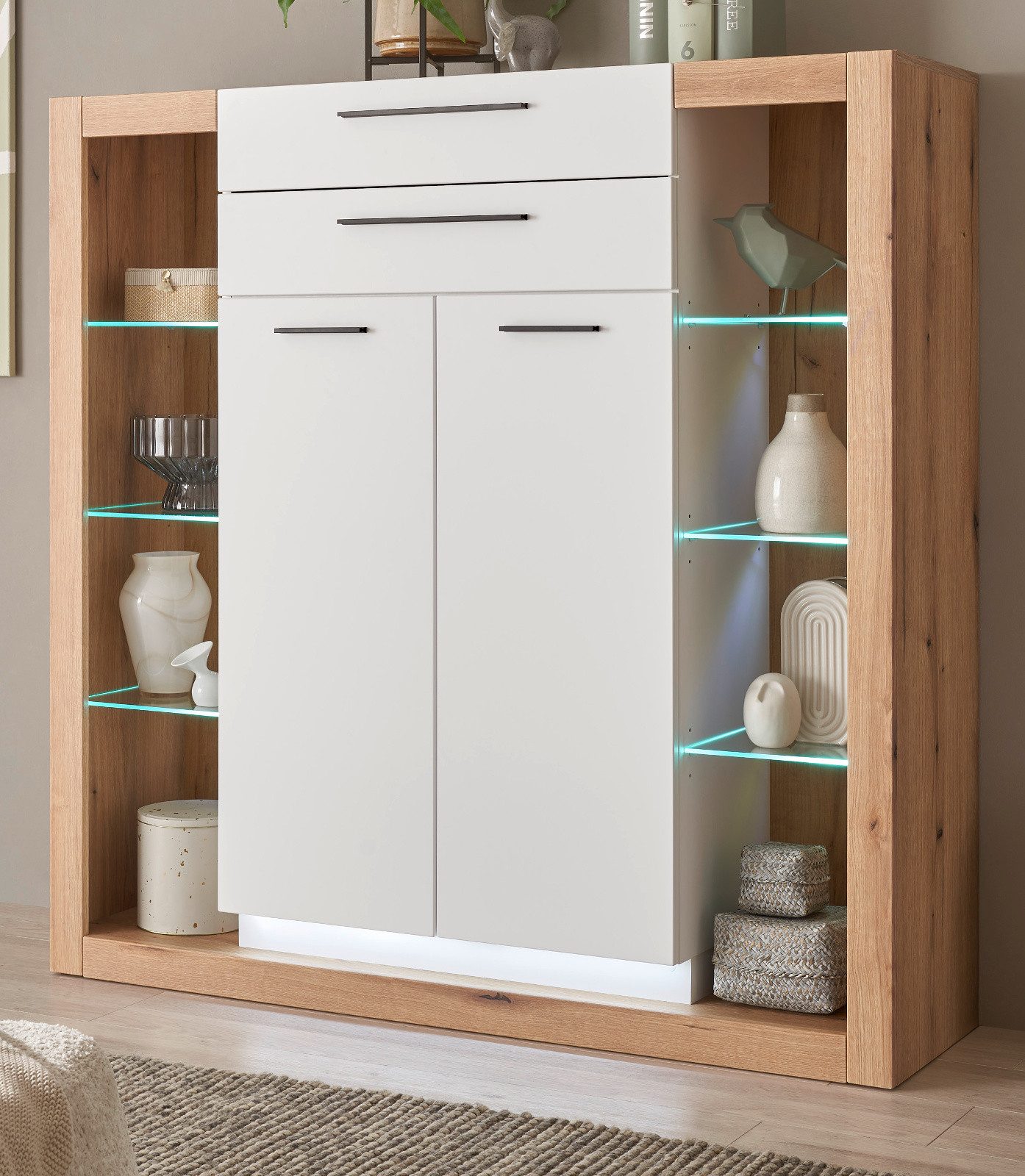 Furn.Design Highboard Rivian (Hochkommode in Eiche Dekor und weiß matt, 141 x 139 cm), 2 Schubladen und 11 Fächer