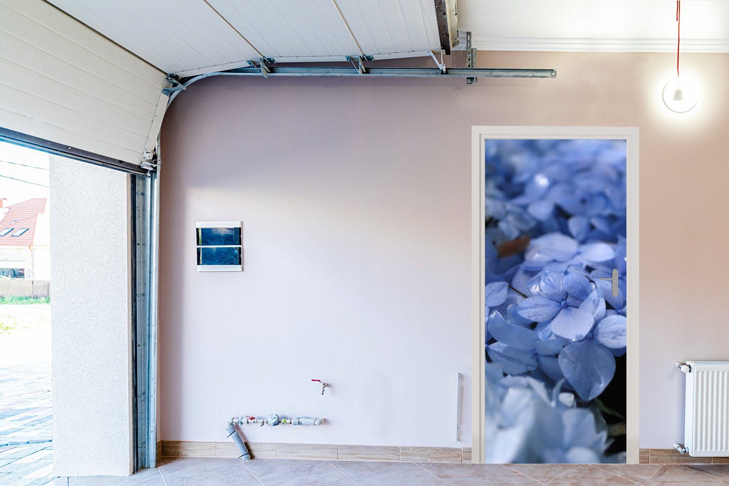 Wassertropfen, Matt, mit Tür, Hortensien (1 75x205 cm Türtapete für Fototapete St), MuchoWow Blaue bedruckt, Türaufkleber,