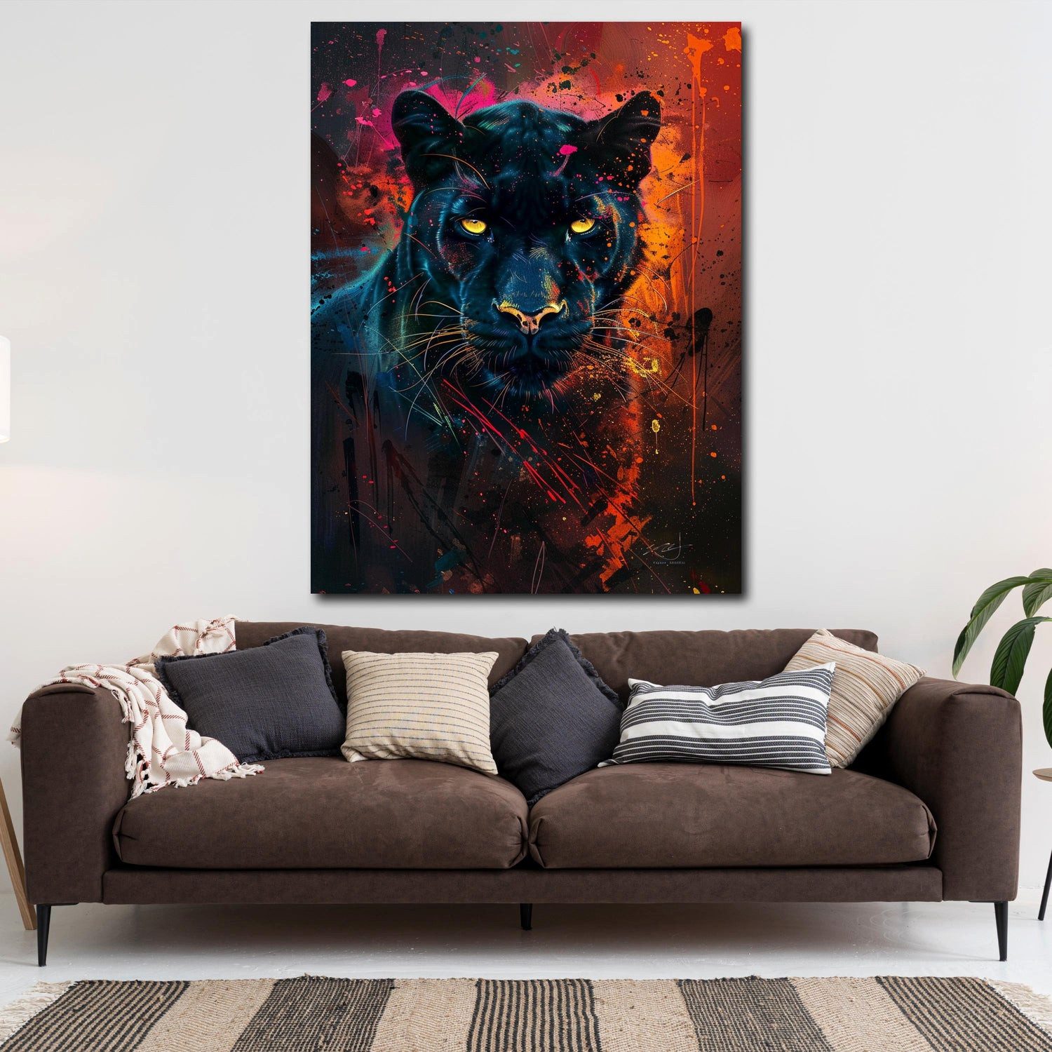 Artedinoi Leinwandbild Schwarzer Panther leuchtende Augen Leinwandbild Wandbild Kunstdruck XL, Schwarzer Panther mit leuchtenden Augen