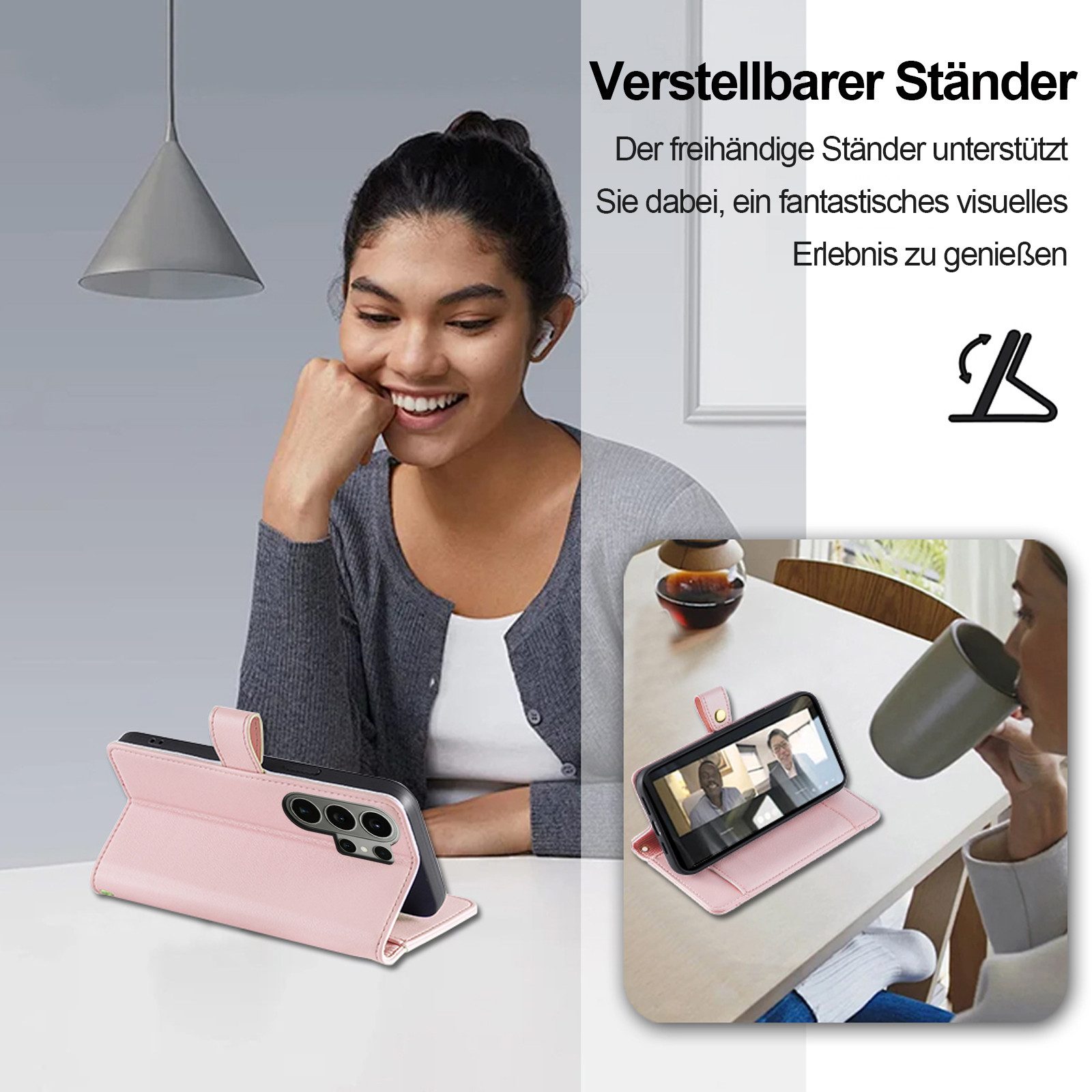 betterfon Handykette für Samsung Galaxy Leder Umhänge Hülle mit Kartenfächer, 5 Kartenfächer + verstellbare Kette & Standfunktion mit TPU-Schutz
