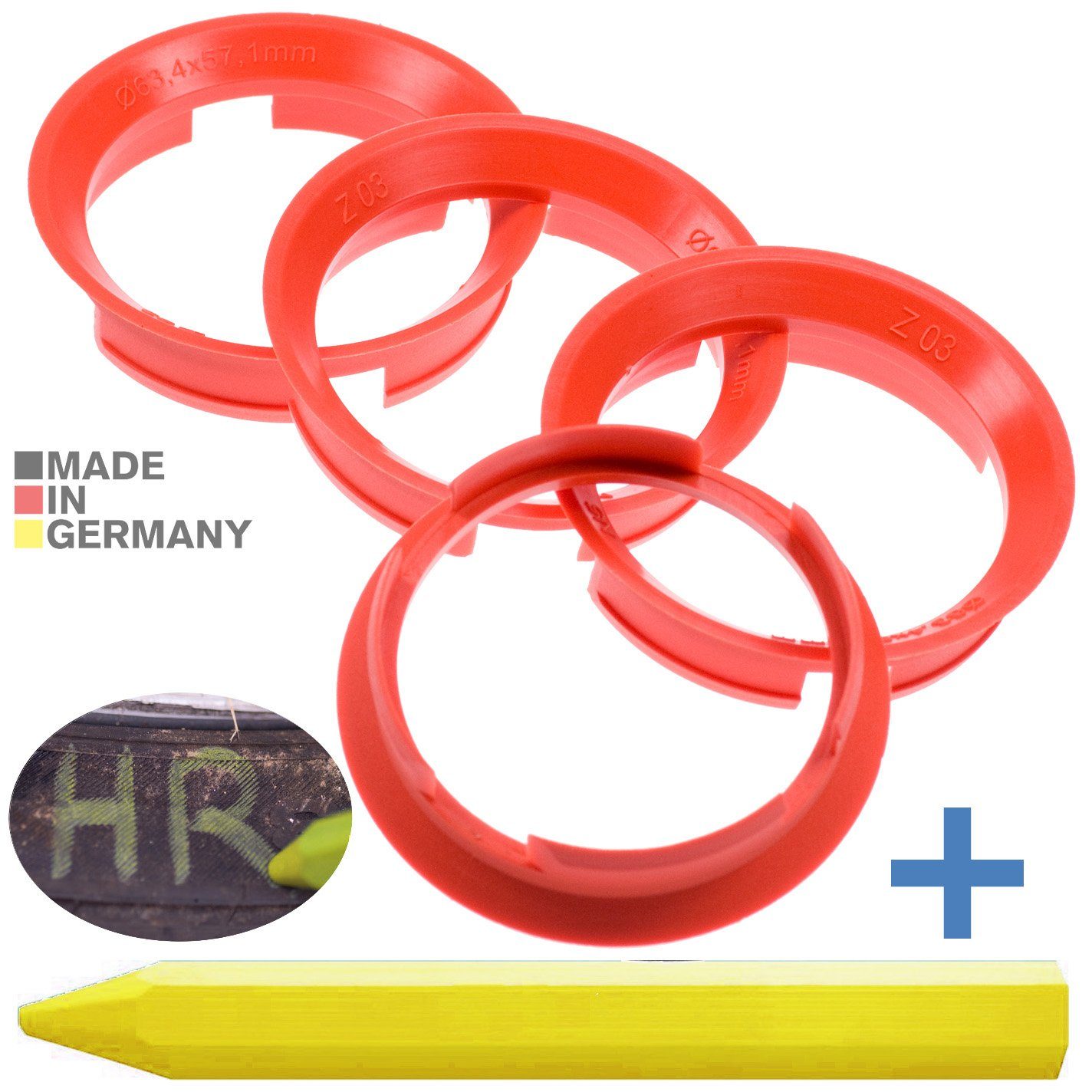 BRANDT AUTOMOTIVE Reifenstift 4X Zentrierringe Rot Felgen Ringe + 1x Reifen Kreide Fett Stift, Maße: 63,4 x 57,1 mm
