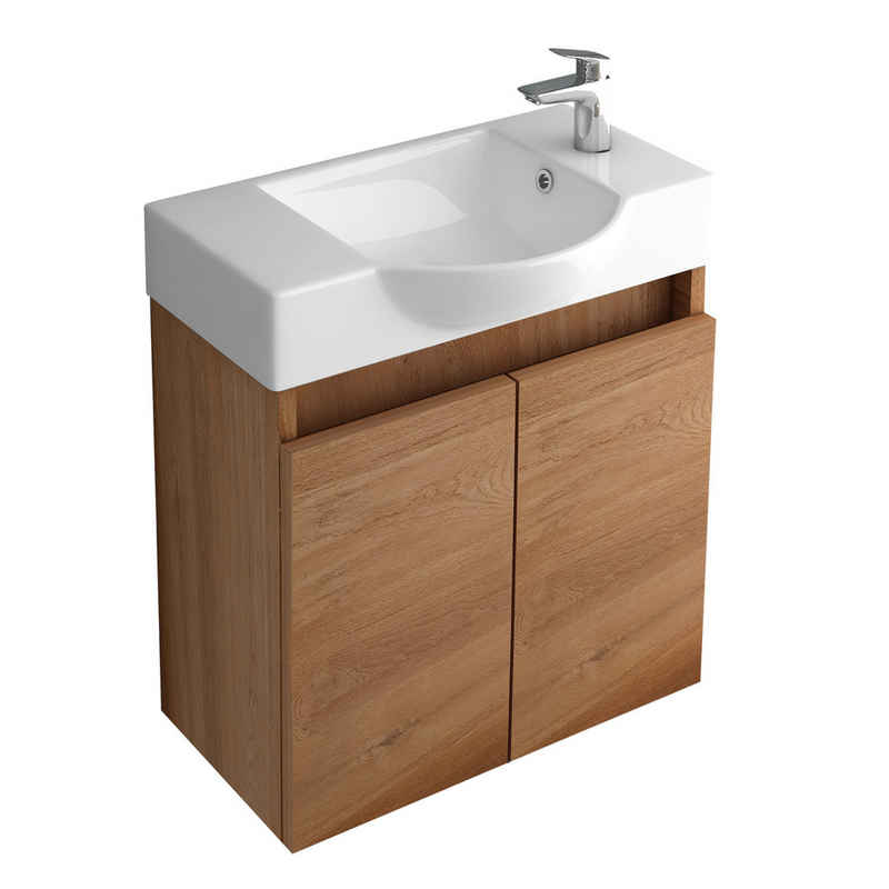 Alpenberger Badezimmer-Set in Bamboo Optik 55cm Breit - Hängeschrank mit Keramik Waschbecken, (Komplett-Set Modern, 2-St., Handwaschbecken mit Badschrank), Waschbeckenunterschrank Vormontiert mit Soft-Close