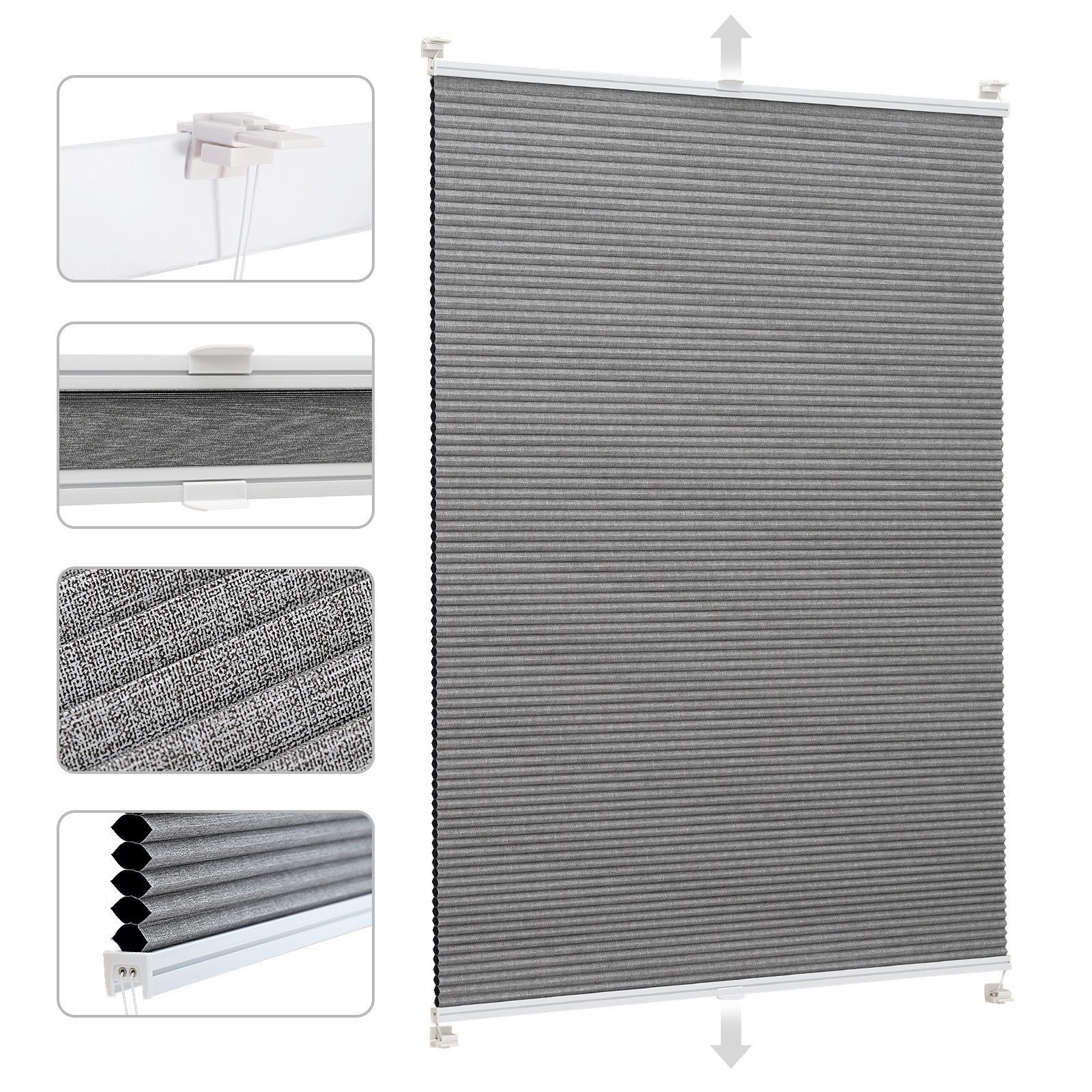 Sekey Wabenplissee Plissee ohne Bohren Verdunkelung Rollo 100% verdunkelnd Blickdicht, verdunkelnd, Klemmfix, Doppelseitige Schiene, Grau mit Textiloptik Thermo-Plissee Hitzeschutz