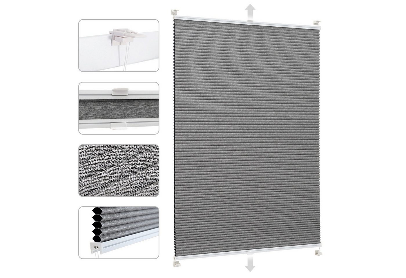 Sekey Wabenplissee Plissee ohne Bohren Verdunkelung Rollo 100% verdunkelnd Blickdicht, verdunkelnd, Klemmfix, Doppelseitige Schiene, Grau mit Textiloptik Thermo-Plissee Hitzeschutz