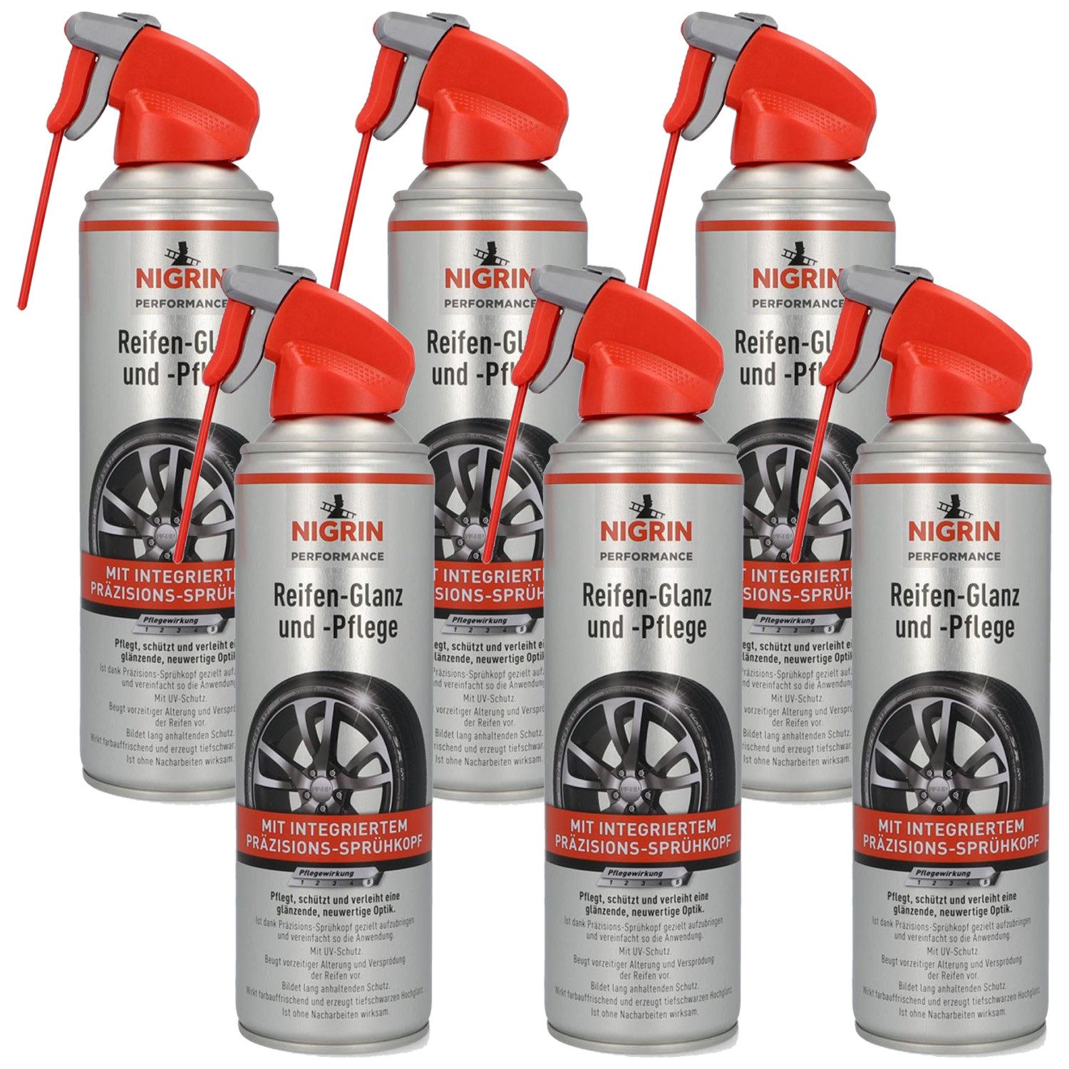 NIGRIN 6x Reifen-Pflege 500ml Reifen-Glanz Spray Reiniger Reifenpflege (6 St), Schutz Auto-Reifen Gummi Reifenglanz Reifenpflege UV-Schutz Reiniger