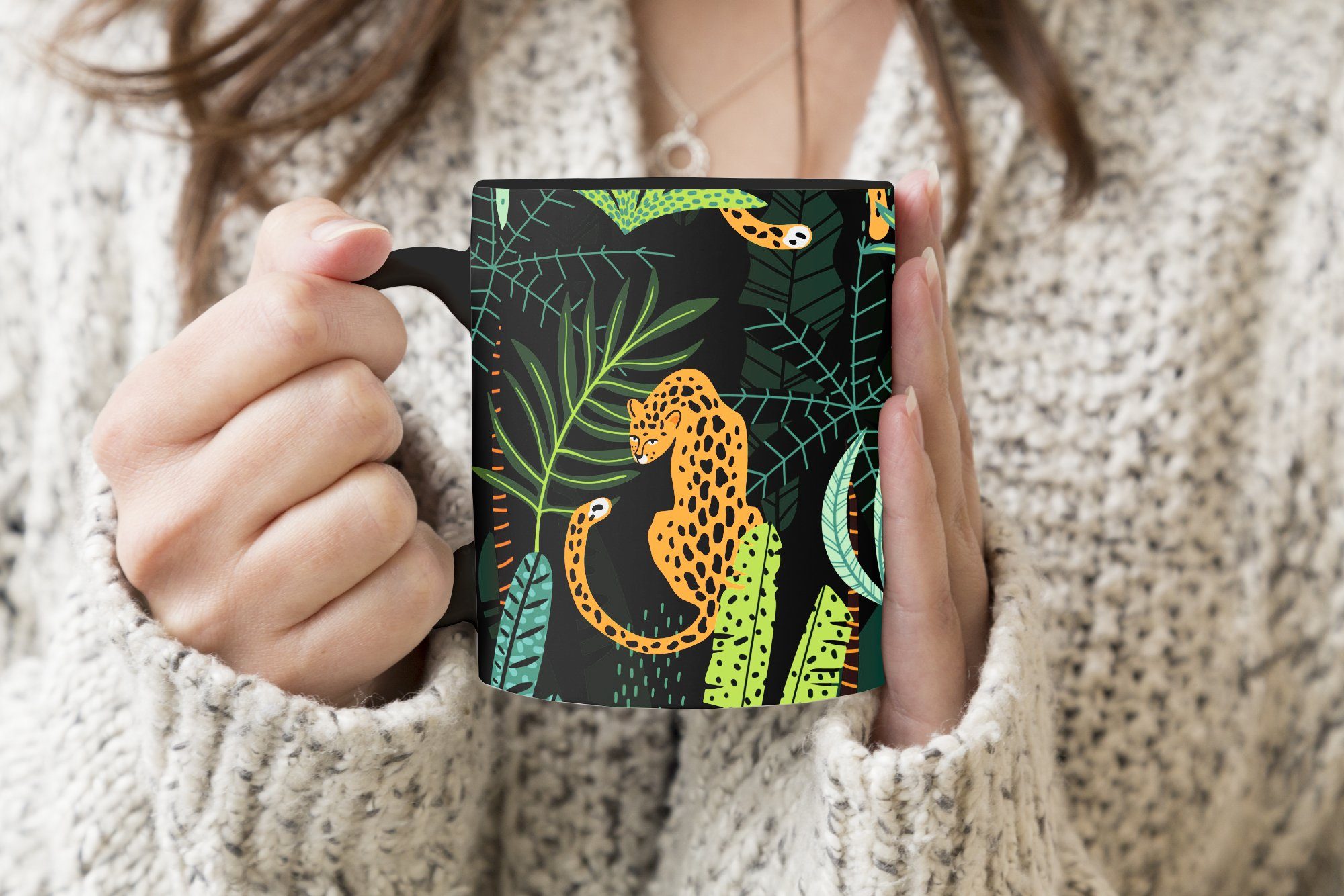 Kaffeetassen, Dschungel Zaubertasse, - Geschenk - Jungen - MuchoWow Farbwechsel, Muster Teetasse, Tasse Pflanzen, Keramik, - - Panther Mädchen