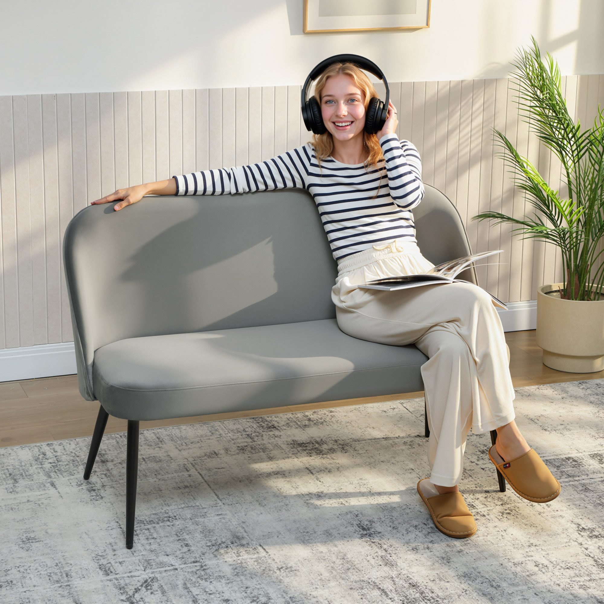 HOMCOM 2-Sitzer mit Metall- und Holzrahmen, Couch 1 Teile, samtartiger Stoffbezug, Grau