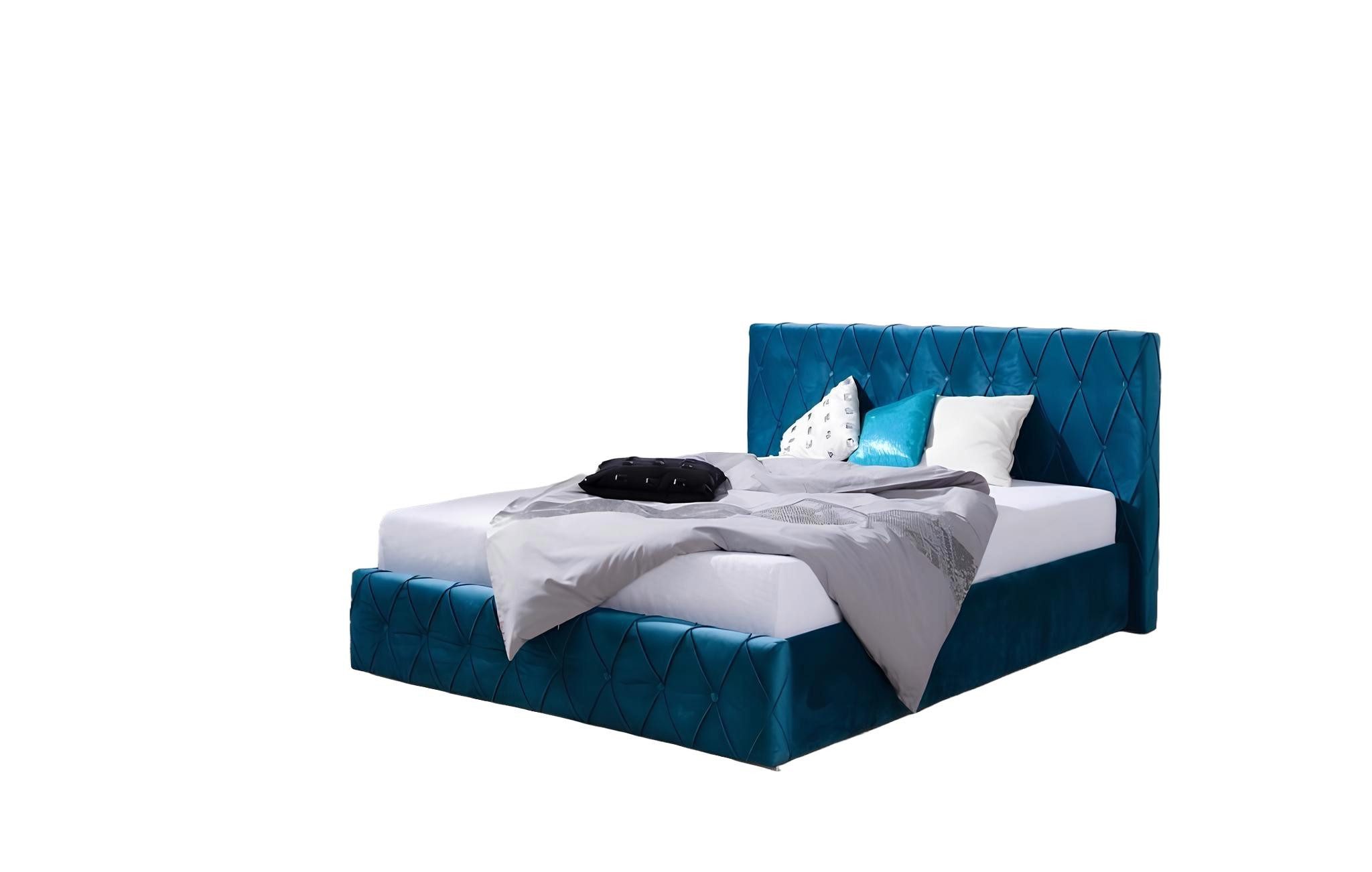 Bett Hotelbett in eleganter türkis-blauer Design-Ausführung mit Textil