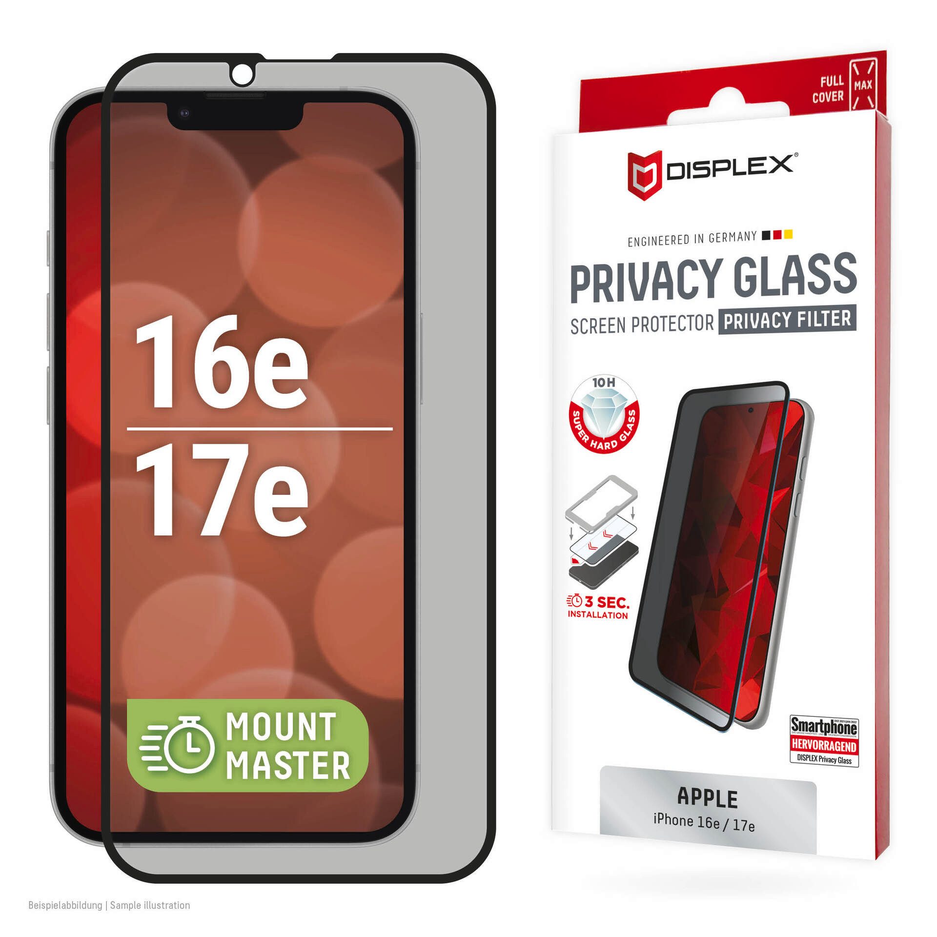 Displex Displayschutzglas Privacy Glass Screen Protector mit EASY-ON MountMaster für Apple iPhone 16e, Apple iPhone 17e, Displayschutzfolie, Schutzfolie, Bildschirmschutz, kratz- & stoßfest