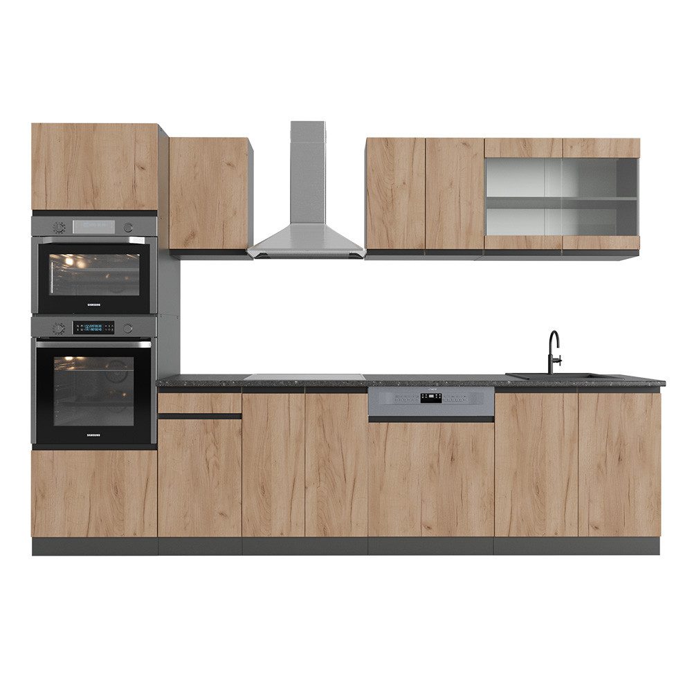 Vicco R-Line Goldkraft Eiche/Anthrazit 300cm +Hochschrank ohne Arbeitsplatte