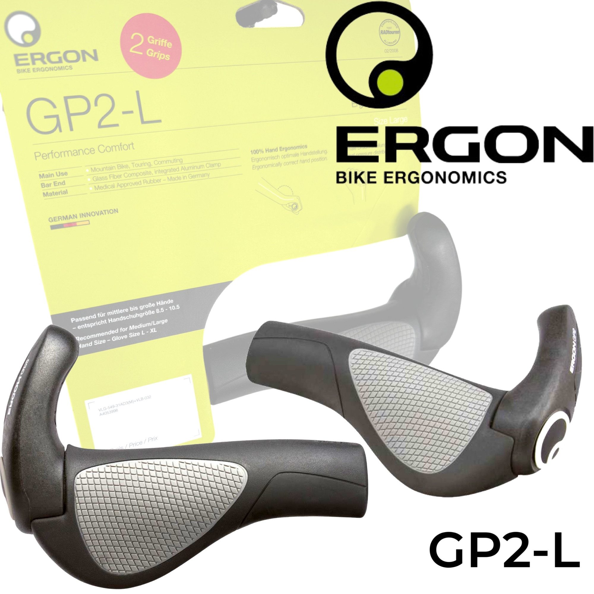 Ergon Fahrradlenkergriff Ergon GP2-L Large Fahrrad MTB Ebike Ergo Griffe mini Hörnchen Schwarz