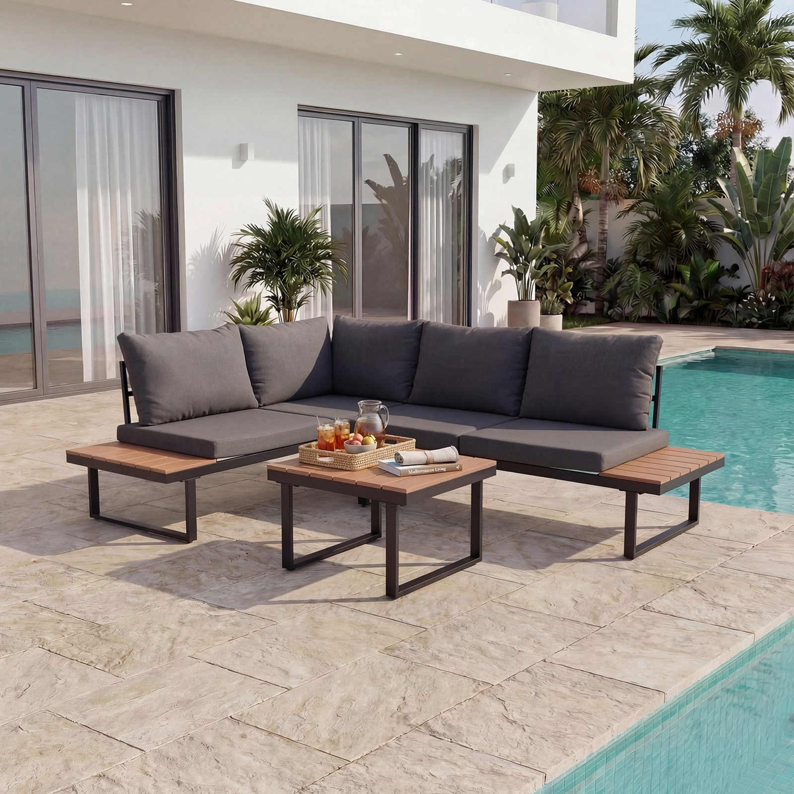 HOMAVO Gartenlounge-Set mit Couchtisch, Ecksofa in L-Form, wasser- und sonnenschutzbeständig, mit Sofaabdeckungen wasserfest, für Terrasse, Balkon und Garten