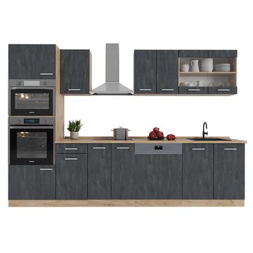 Livinity® Küchenzeile R-Line, Schwarz Beton/Goldkraft Eiche, 300 cm ohne Arbeitsplatte