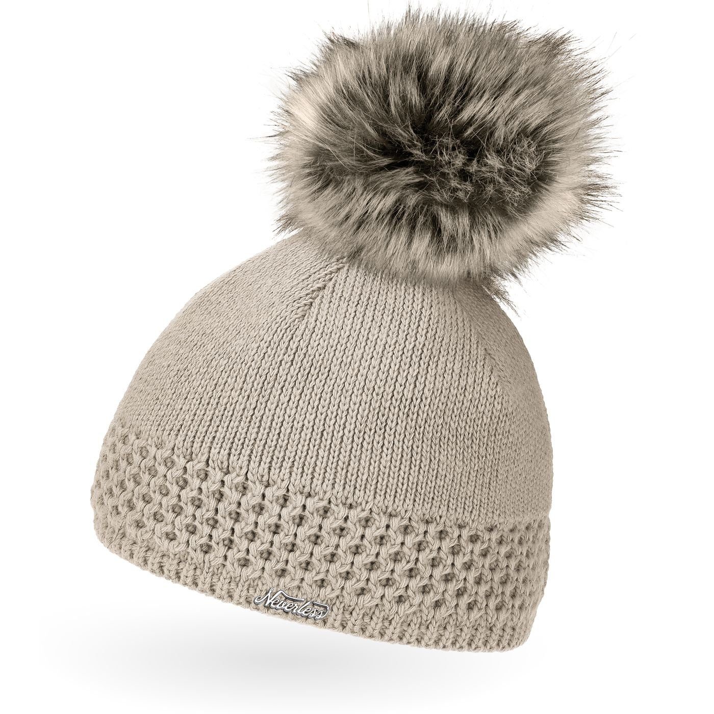 Bommelmütze Damen Strickmütze gefüttertert Fell-Bommel Kunstfell Winter-Mütze