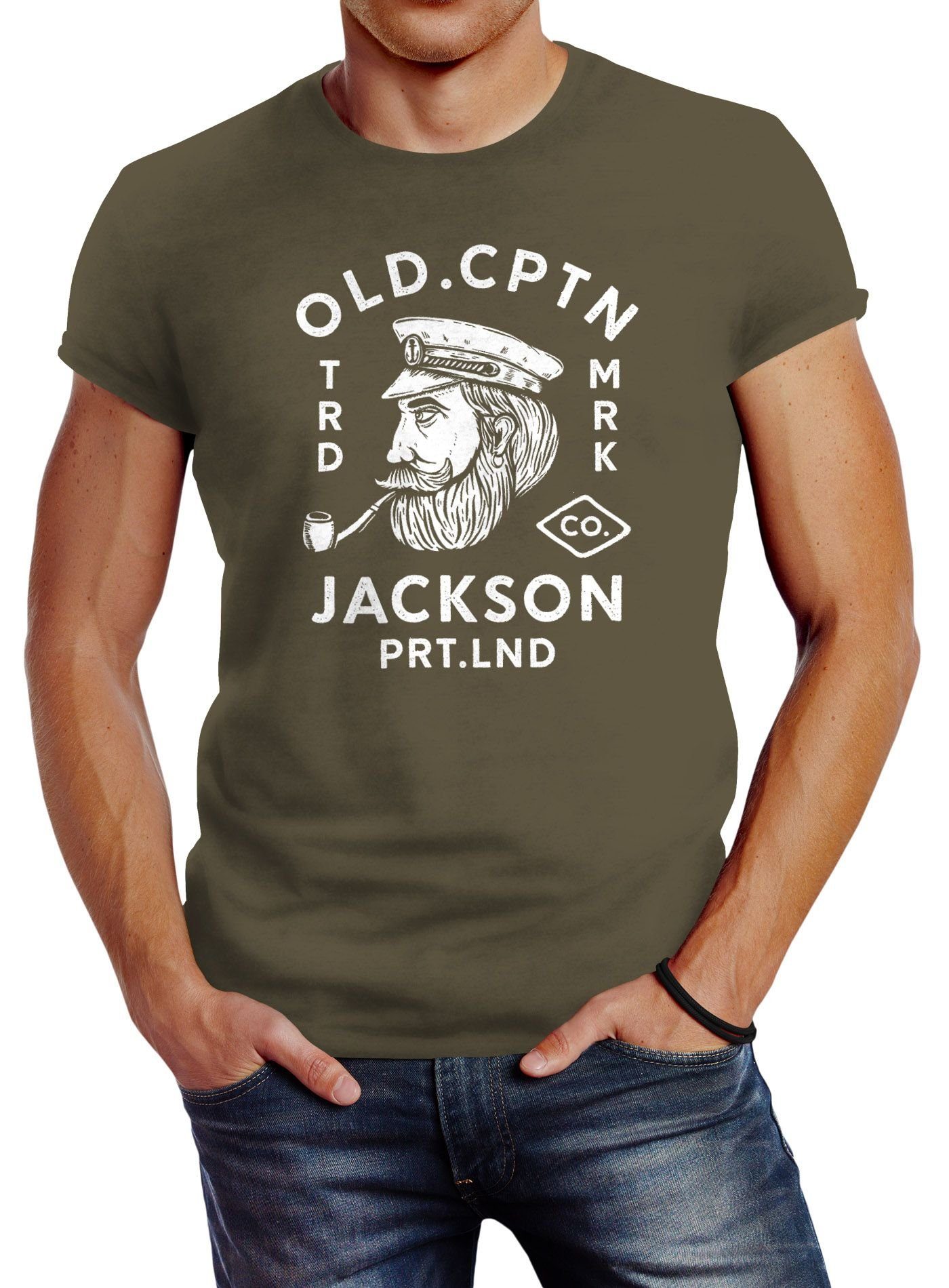 Neverless Print-Shirt Neverless® Herren T-Shirt Kapitän Motiv Aufdruck Old Cptn Jackson Retro Print-Shirt mit Print grün