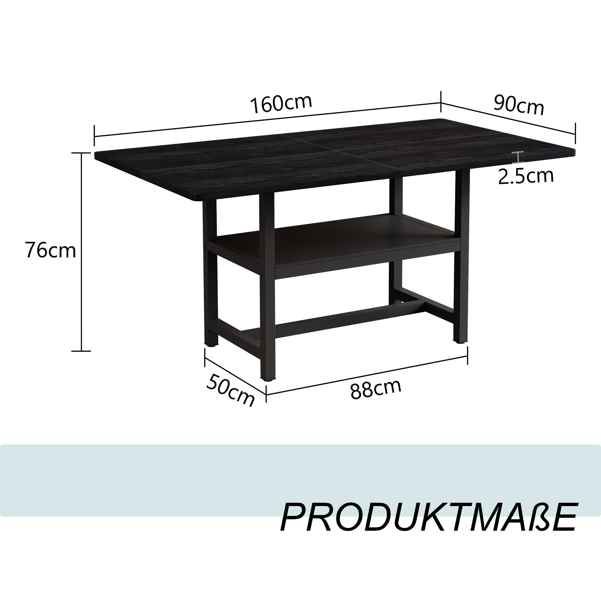 JUFU Esstisch Industrie-Esszimmertisch 160x90x76 cm für 4-6 Personen (1-St), MDF mit Metallbeinen, integriertes Ablagefach