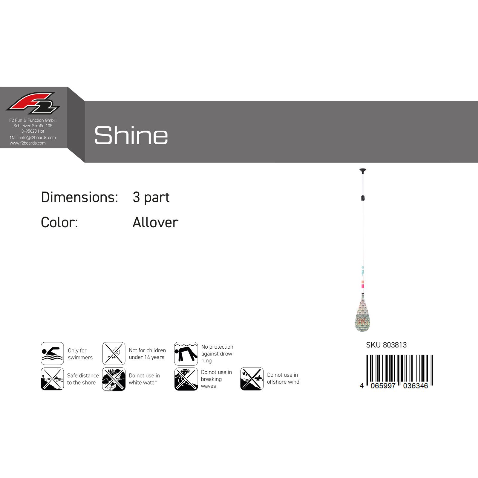 F2 F2 SUP Paddel Shine 3 teilig Multicolor 2024/25 SUP-Paddel