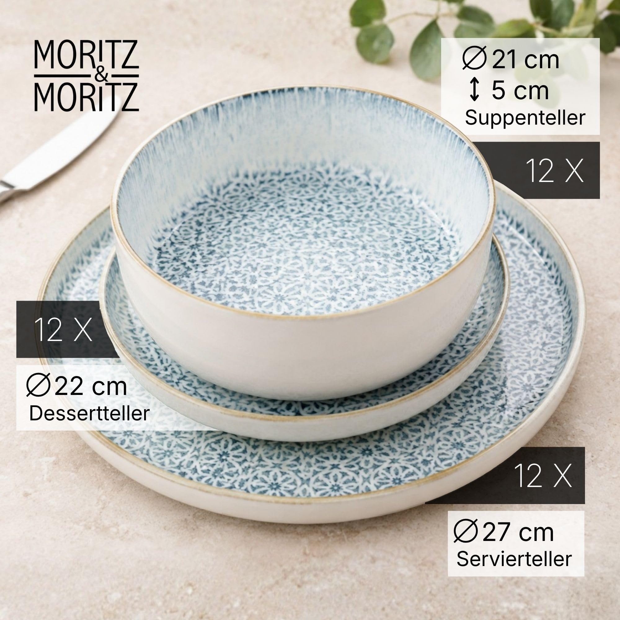 Moritz & Moritz Kombiservice ALHAMBRA Geschirrset Blau (36-tlg), 12 Personen, Porzellan, Spülmaschinengeeignet & Mikrowellensicher – Bild 4 von 5
