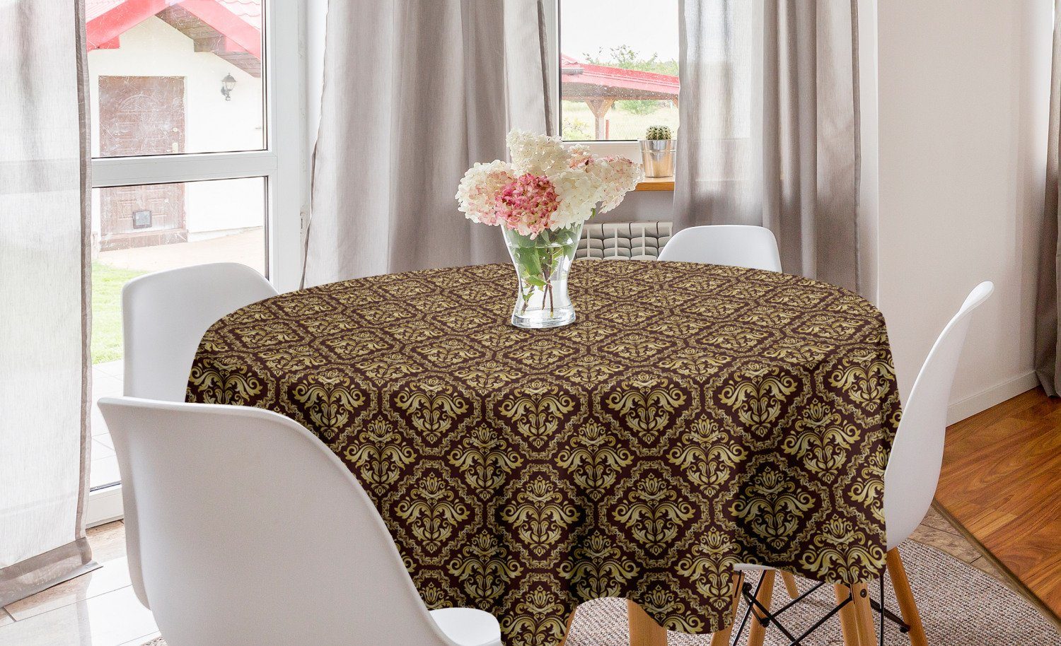 Abakuhaus Tischdecke Kreis Tischdecke Abdeckung für Esszimmer Küche Dekoration, Gelbes Damast Barock