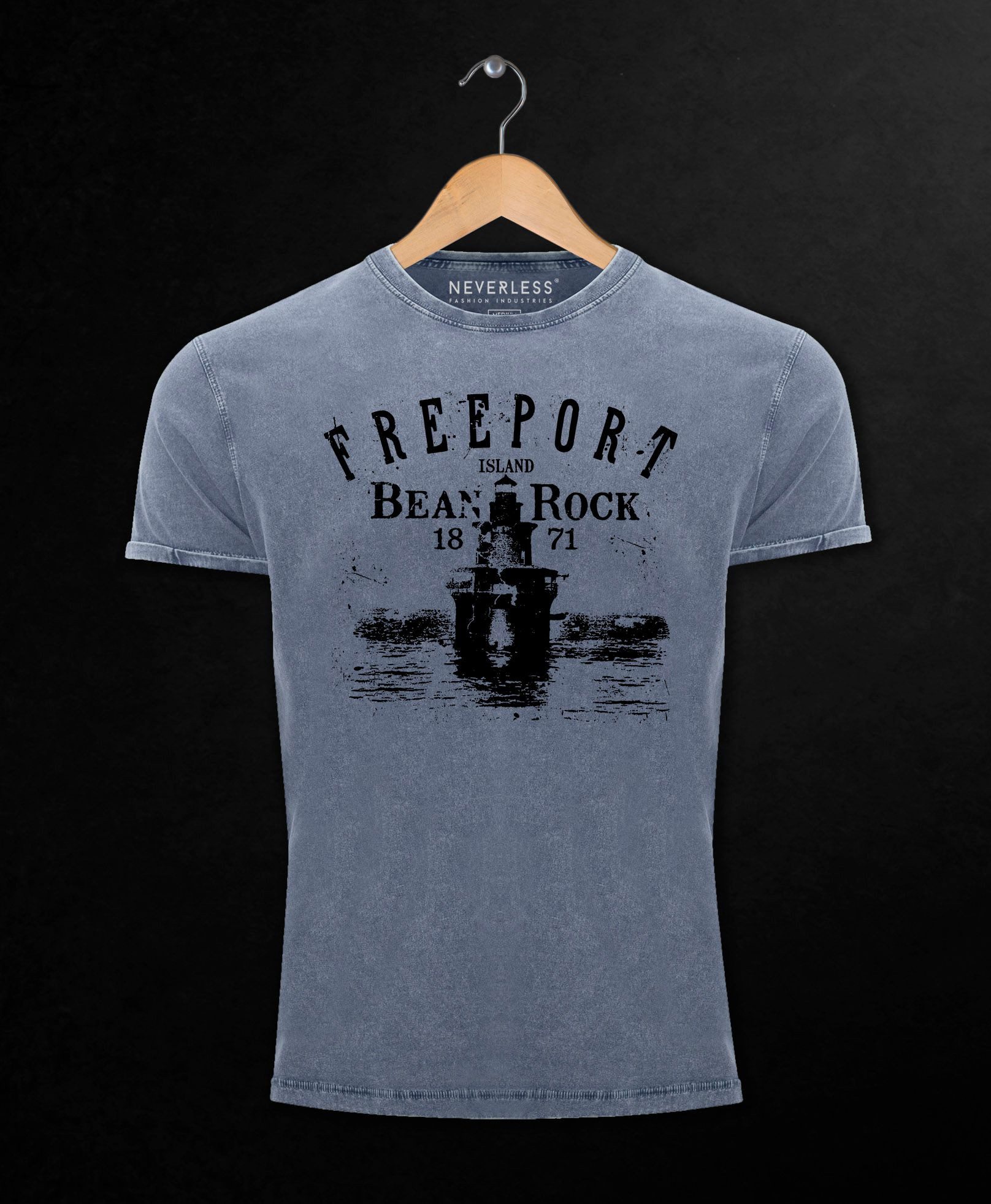 Neverless Print-Shirt Herren Vintage Shirt Retro Print Leuchturm Schriftzug Freeport Island mit Print – Bild 3 von 3