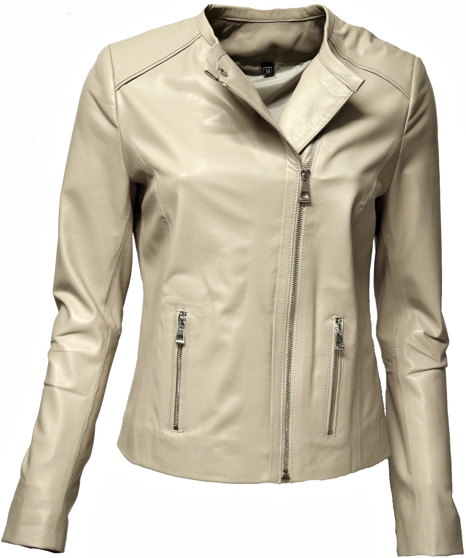 Zimmert Kragenlos, Creme Lederjacke Leather Milka Creme Leder, Beige Pale Schwarz, makelloses Weiß