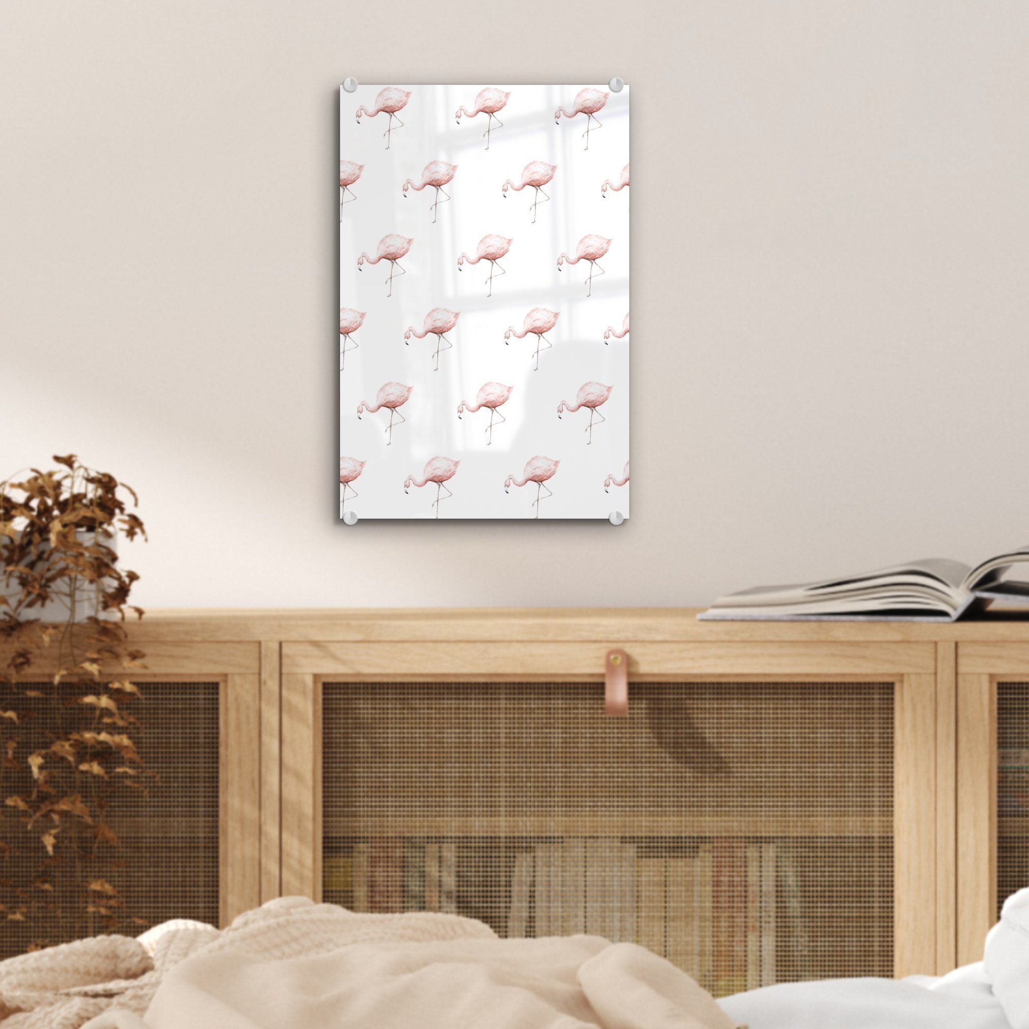 MuchoWow Acrylglasbild auf - Wandbild - auf - Foto Wanddekoration - Muster, (1 Flamingo Glasbilder Pastell Bilder Glas St), - Glas